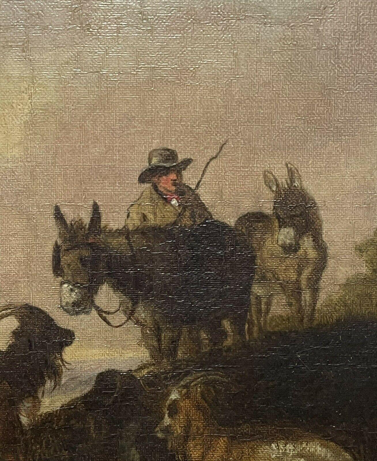 Peinture à l'huile anglaise ancienne représentant un fermier dans un champ avec des chèvres et une chèvre - Beige Landscape Painting par Unknown