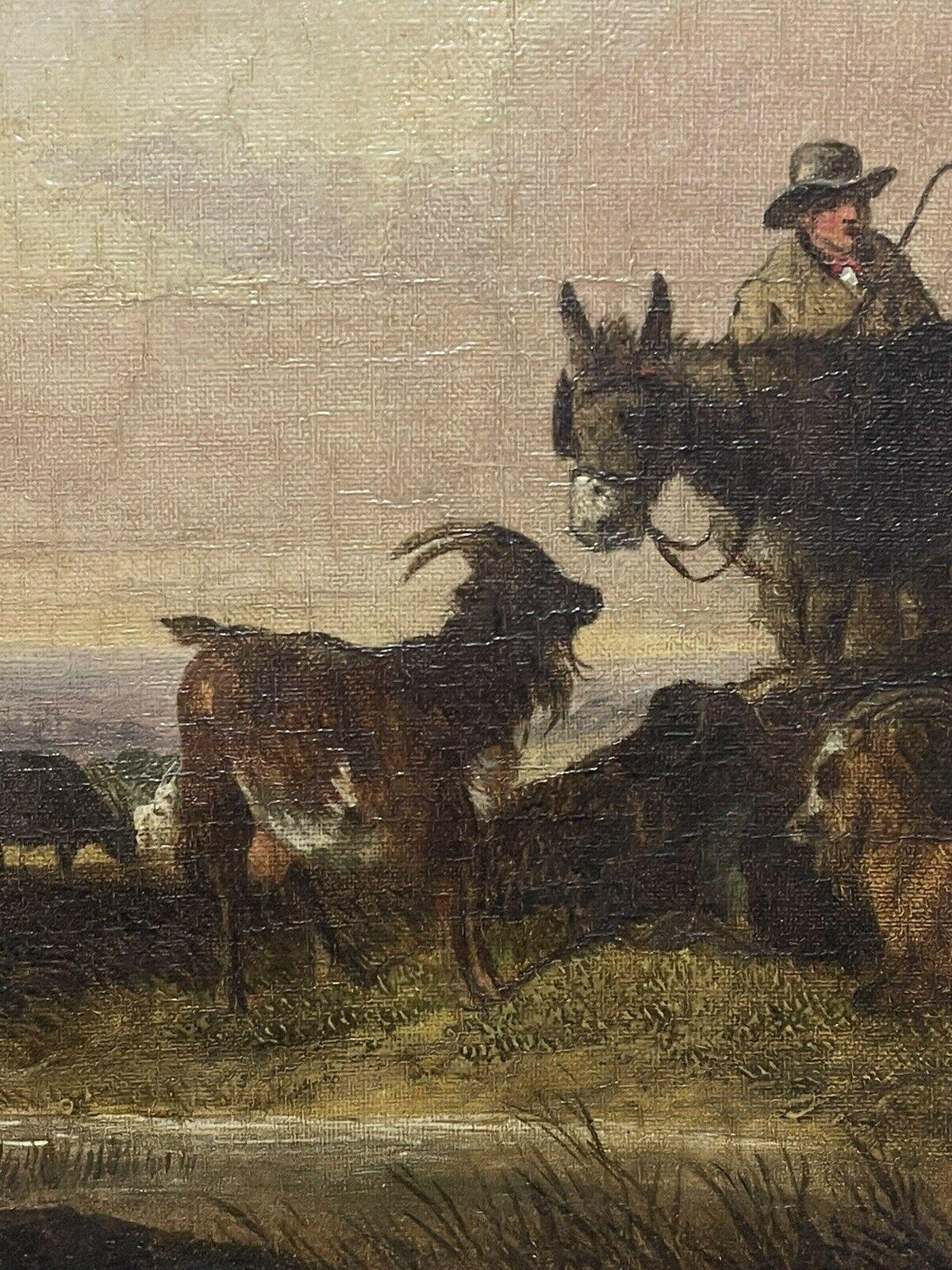 Antique English Oil Painting Farmer in Field with Donkeys & Goat - Beige Landscape Painting by Unknown