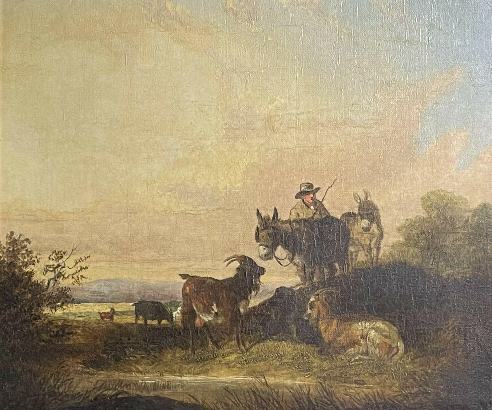 Unknown Landscape Painting - Antique English Oil Painting Farmer in Field with Donkeys & Goat