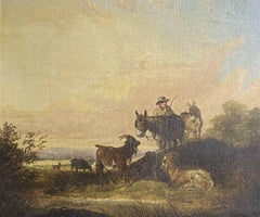 Antique English Oil Painting Farmer in Field with Donkeys & Goat