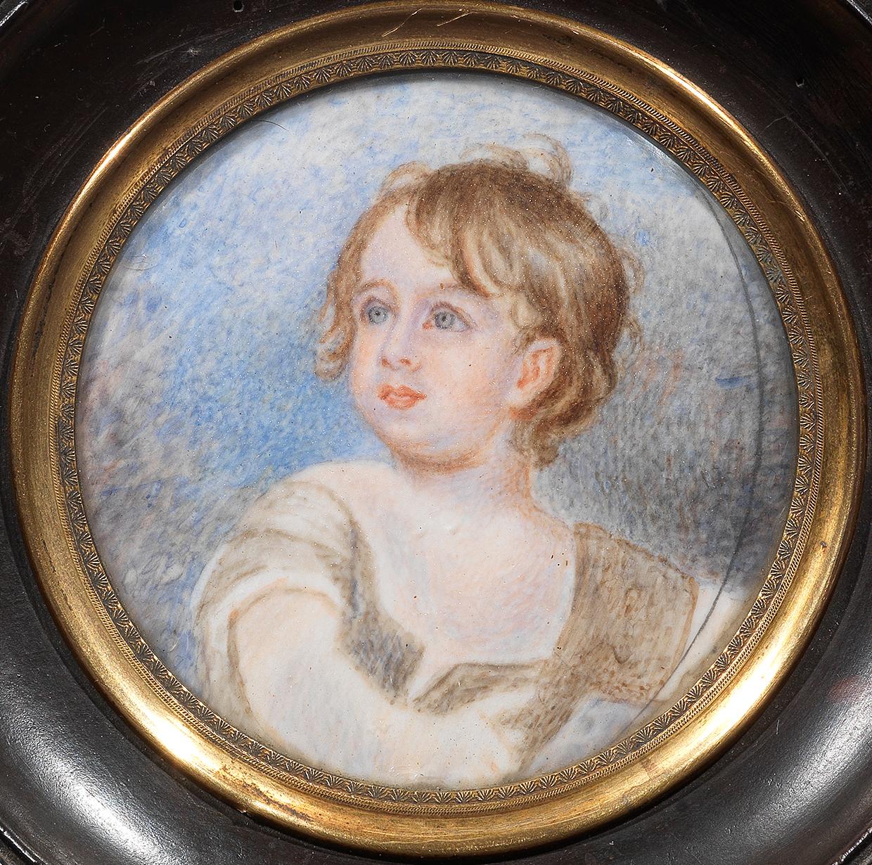 A miniature portrait of a young boy in beige coat and white frilled shirt round 90mm.