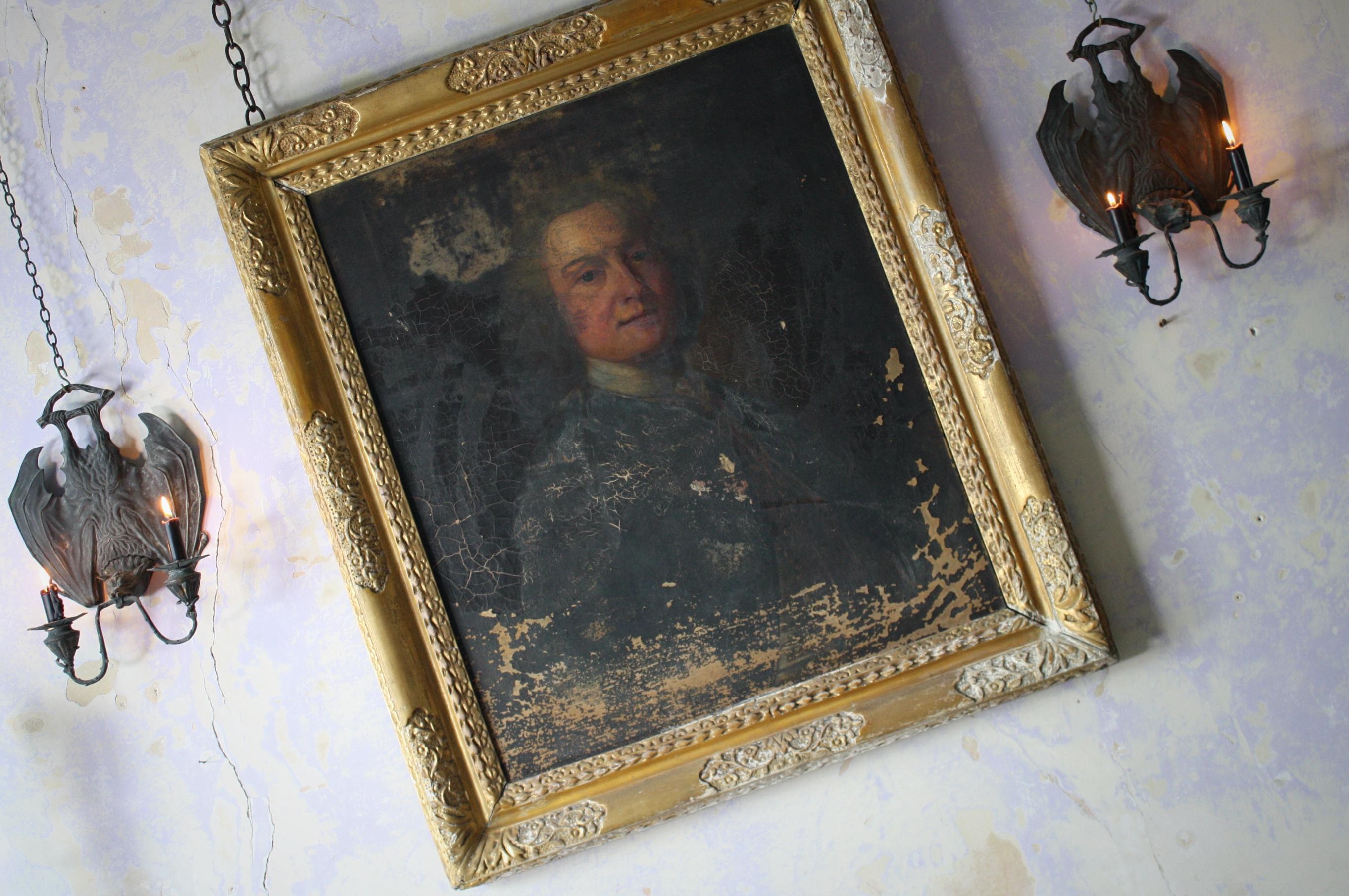 A atmospheric half length portrait of a distinguish gentleman in late Georgian attire, the paining sits within its original moulded and gilt wood frame. 

The painting and the frame are in totally untouched/unrestored condition, areas of loss,