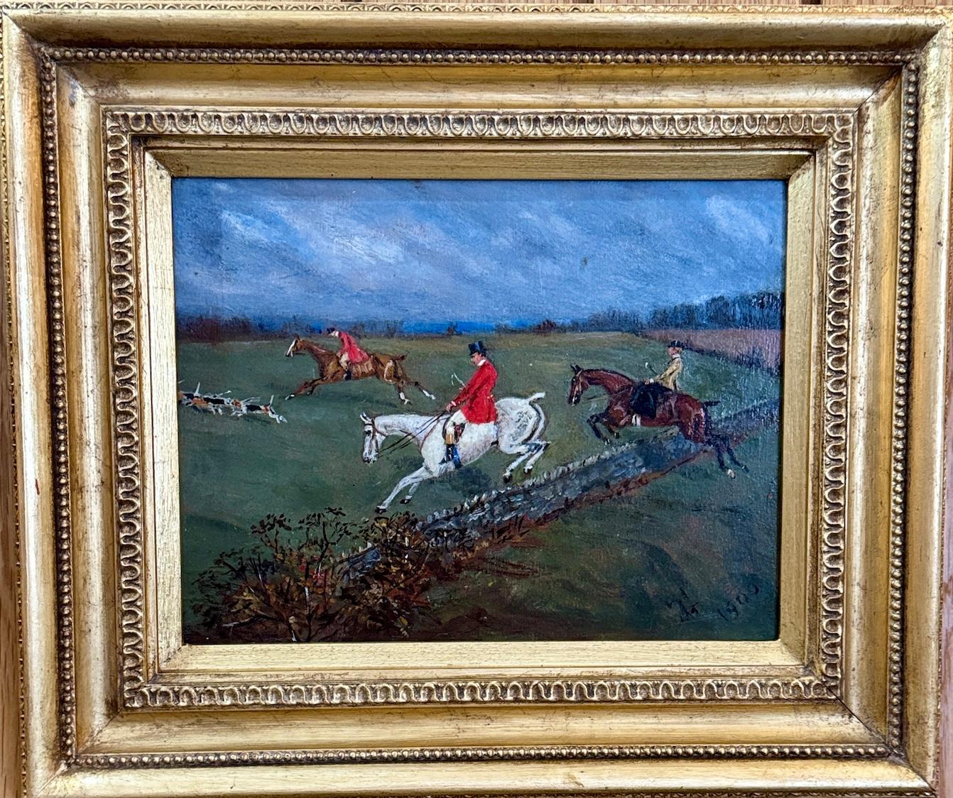 English School (Early 20th Century) Landscape Painting - English Fox hunting scene with huntsman and hounds chasing a fox in a landscape