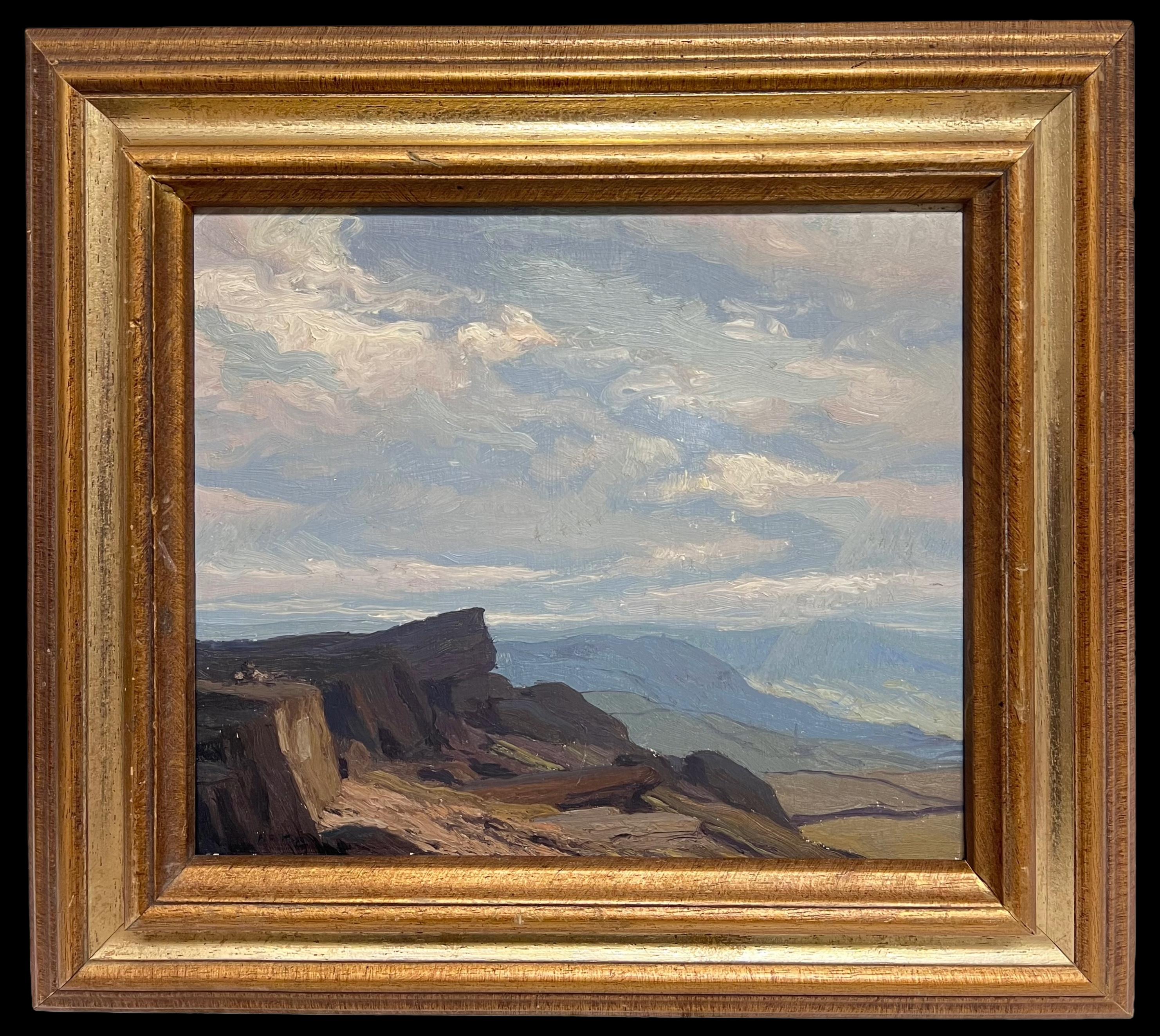 Fine British Impressionist Signed Oil Rain Clouds over Rugged Mountain Crags - Painting by English School (Early 20th Century)