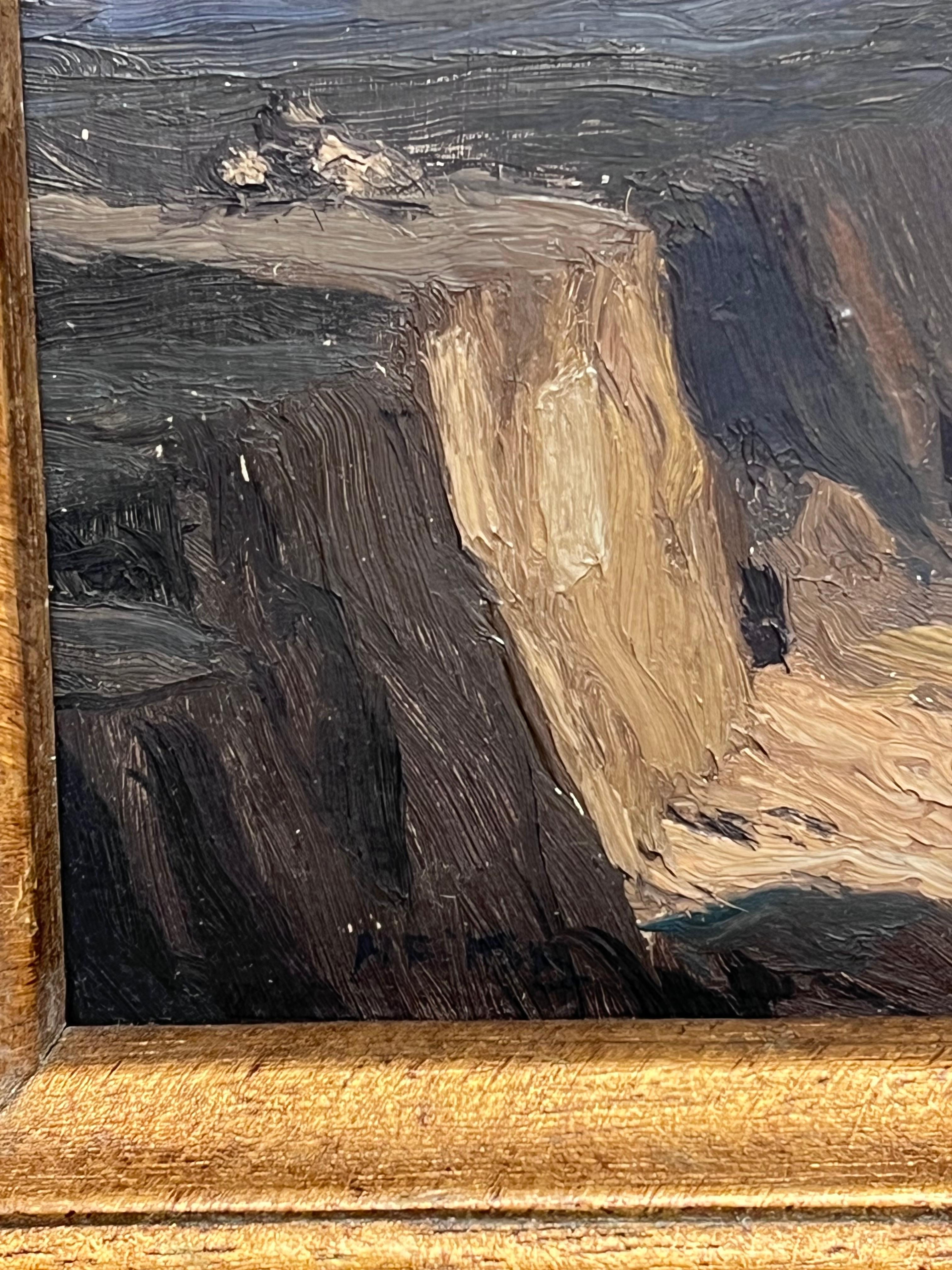 Fine British Impressionist Signed Oil Rain Clouds over Rugged Mountain Crags - Gray Landscape Painting by English School (Early 20th Century)