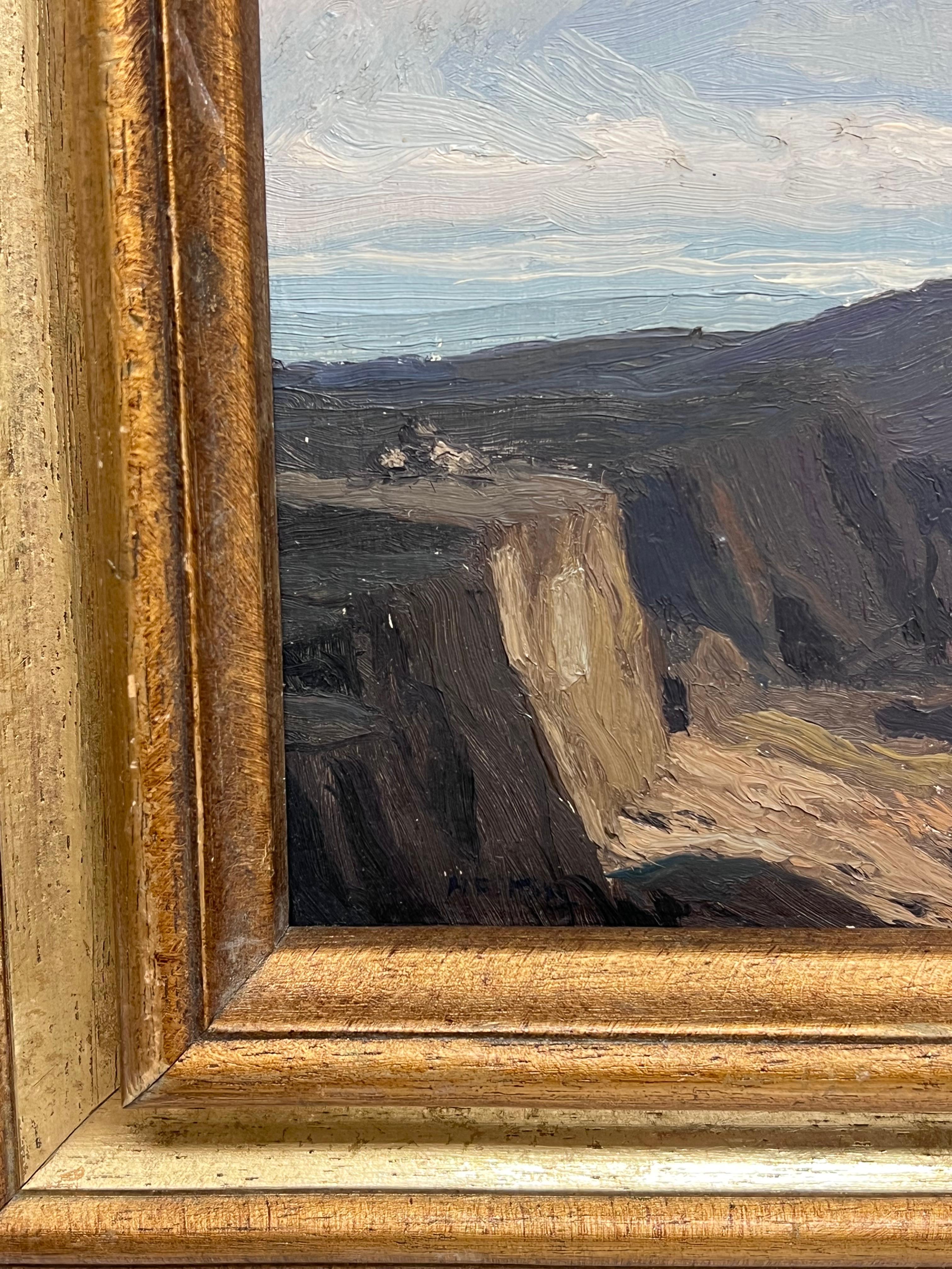 Rain Clouds over Crags
English School (Early 20th Century):
signed initials lower front corner
oil on board, framed
framed: 16.5 x 18 inches
board : 11 x 13 inches
Provenance: private collection, UK
Condition: very good condition

For more any more