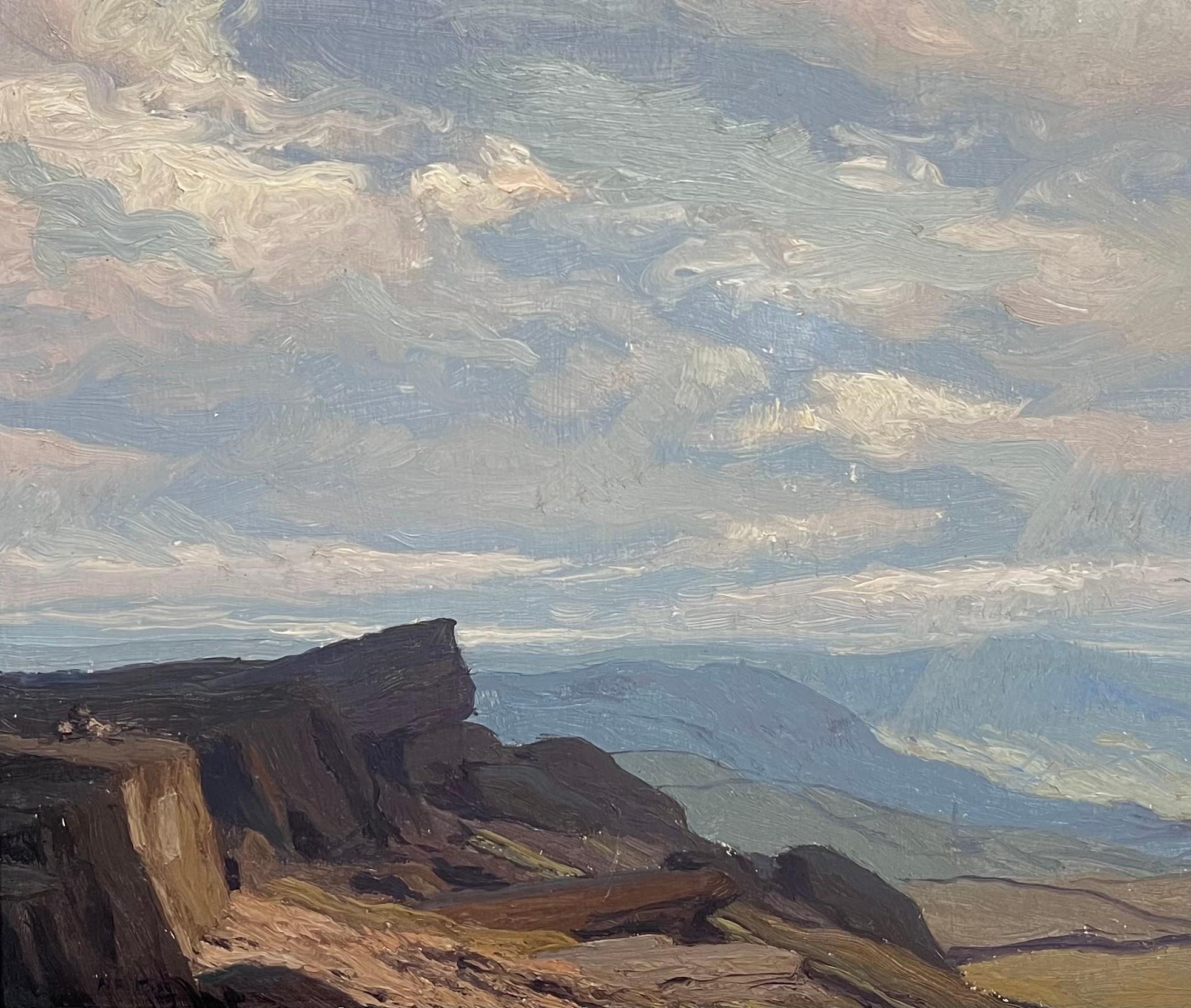English School (Early 20th Century) Landscape Painting - Fine British Impressionist Signed Oil Rain Clouds over Rugged Mountain Crags
