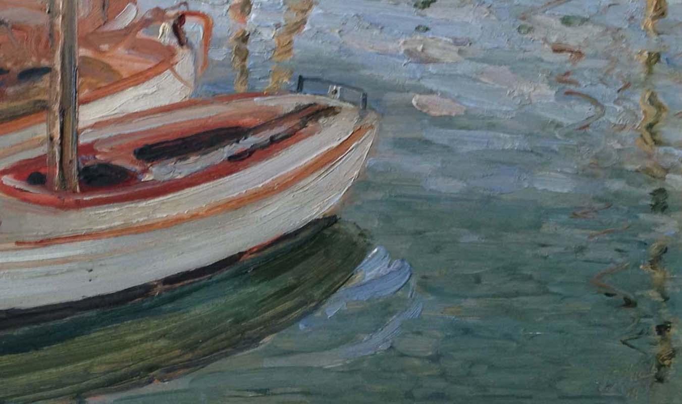 Painted English School Oil on Board Impressionist Harbour Scene, Circa 1930
