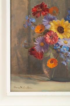 English School Oil On Board Still Life of Flowers Signed C.1950