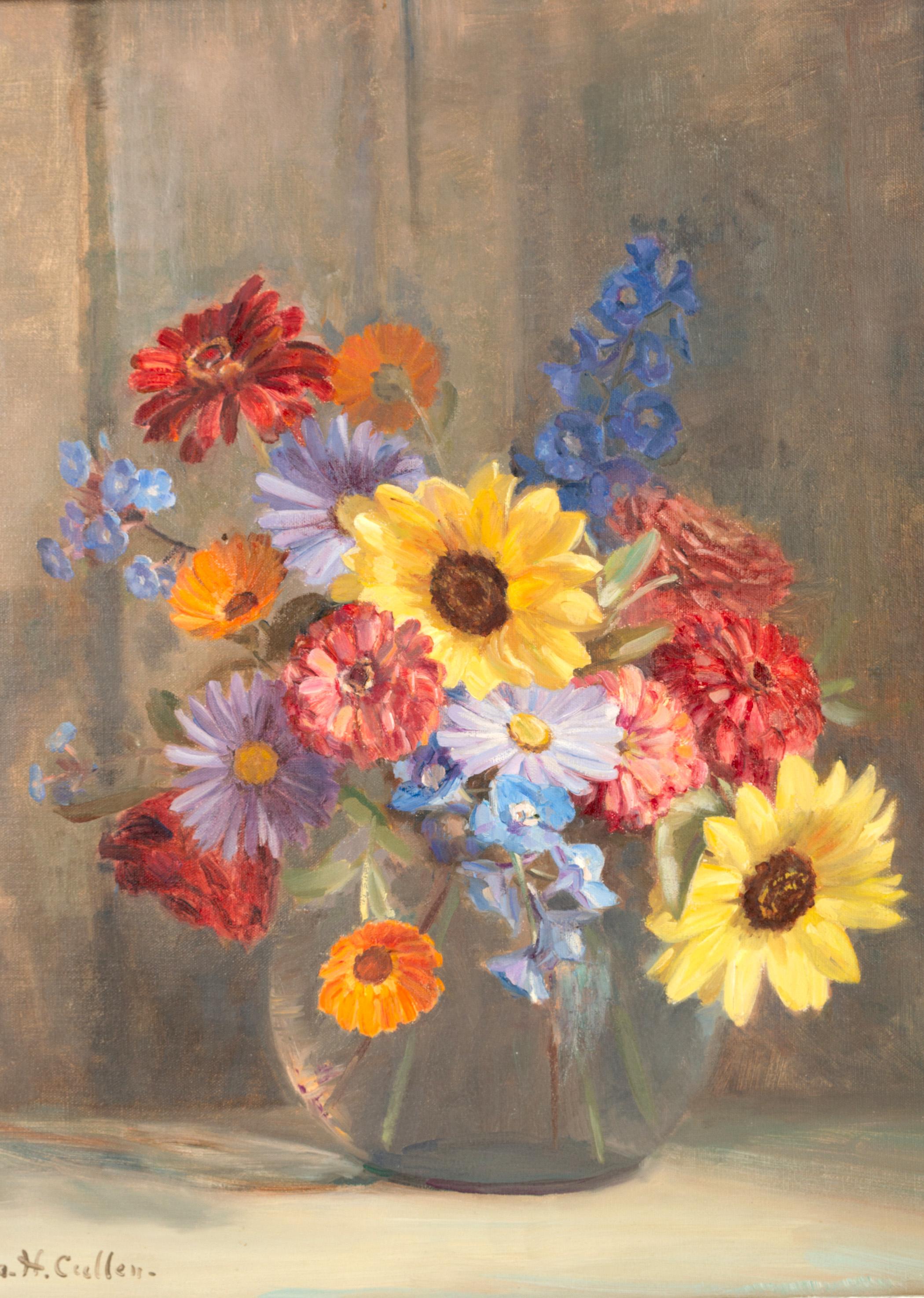 English School Oil On Board Still Life of Flowers Signed C.1950 In Good Condition For Sale In London, GB