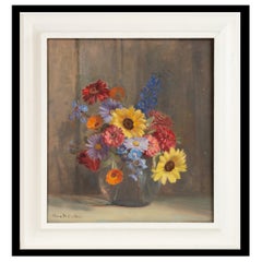English School Öl auf Karton Blumenstillleben signiert C.1950