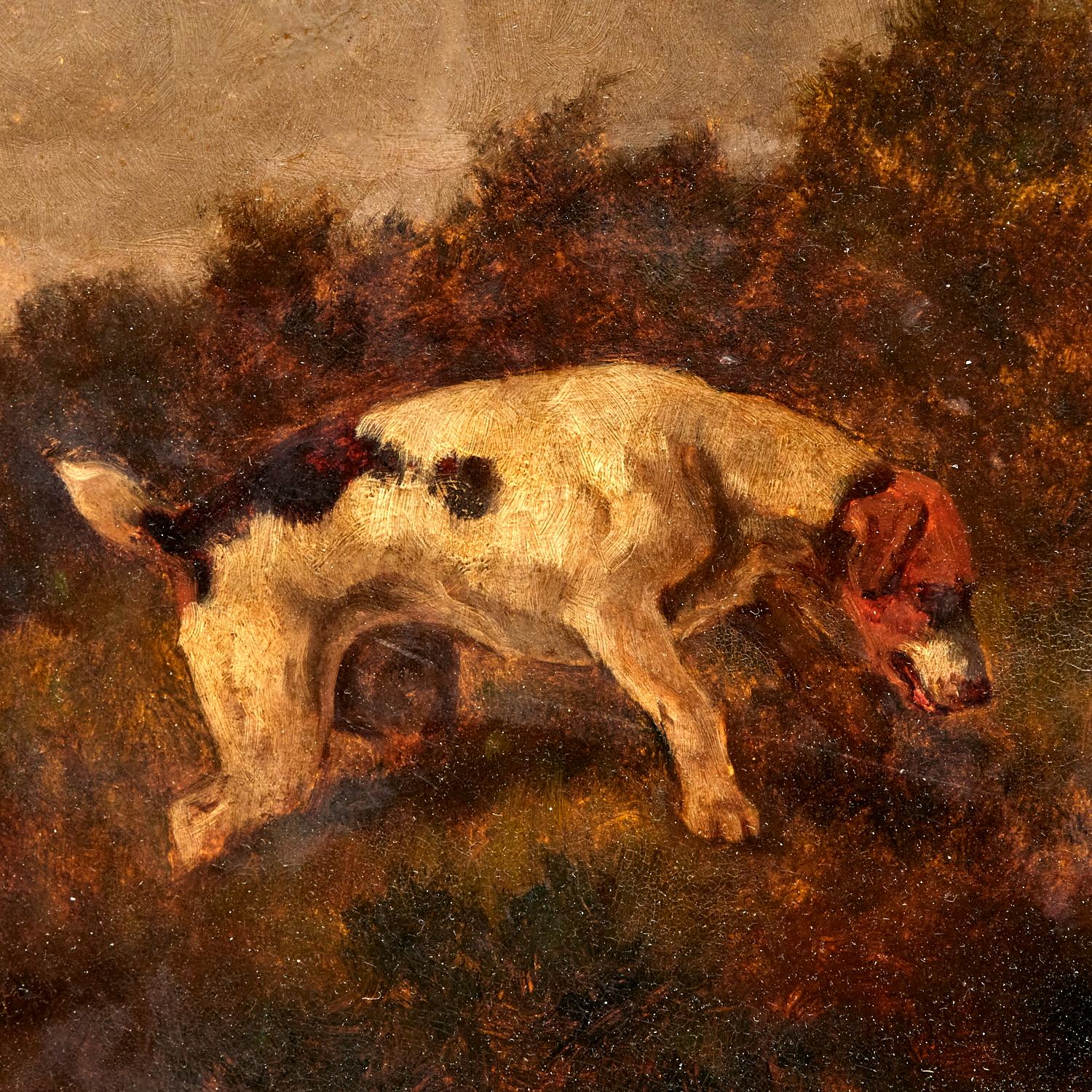 Framed English School Oil on Board, Two Hounds on the Hunt, late 19th/early 20th Century. 

An unsigned English School oil on board depicting two hounds mid-hunt, painted in the manner of John Emms, with echoes of George Armfield's and Sir Edwin