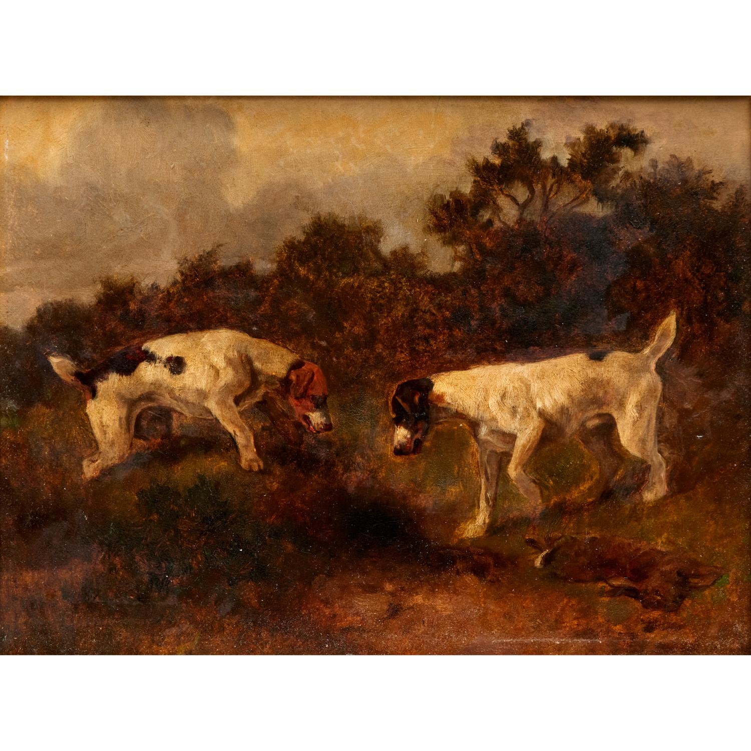 English School Öl auf Karton, Zwei Hunde auf der Jagd, Ende 19./Anfang 20. (Britisch) im Angebot