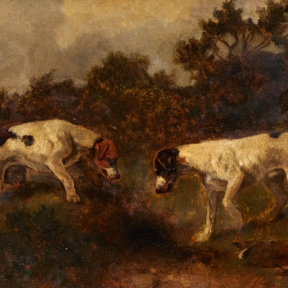 English School Öl auf Karton, Zwei Hunde auf der Jagd, Ende 19./Anfang 20. (Handbemalt) im Angebot