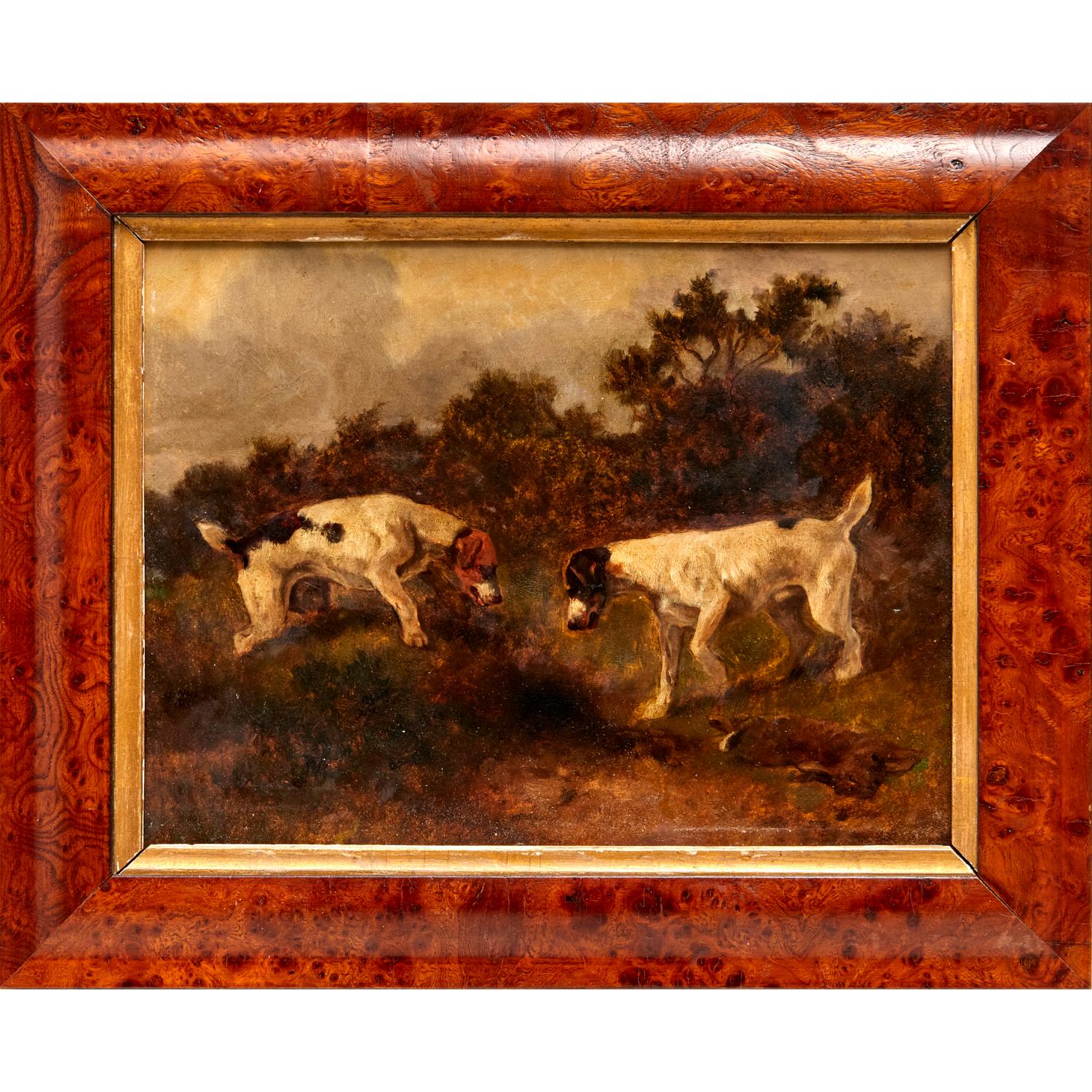English School Öl auf Karton, Zwei Hunde auf der Jagd, Ende 19./Anfang 20. im Angebot 1