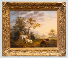 19th Century English Pastoral Landscape Painting with Cattle and Cottage at Suns