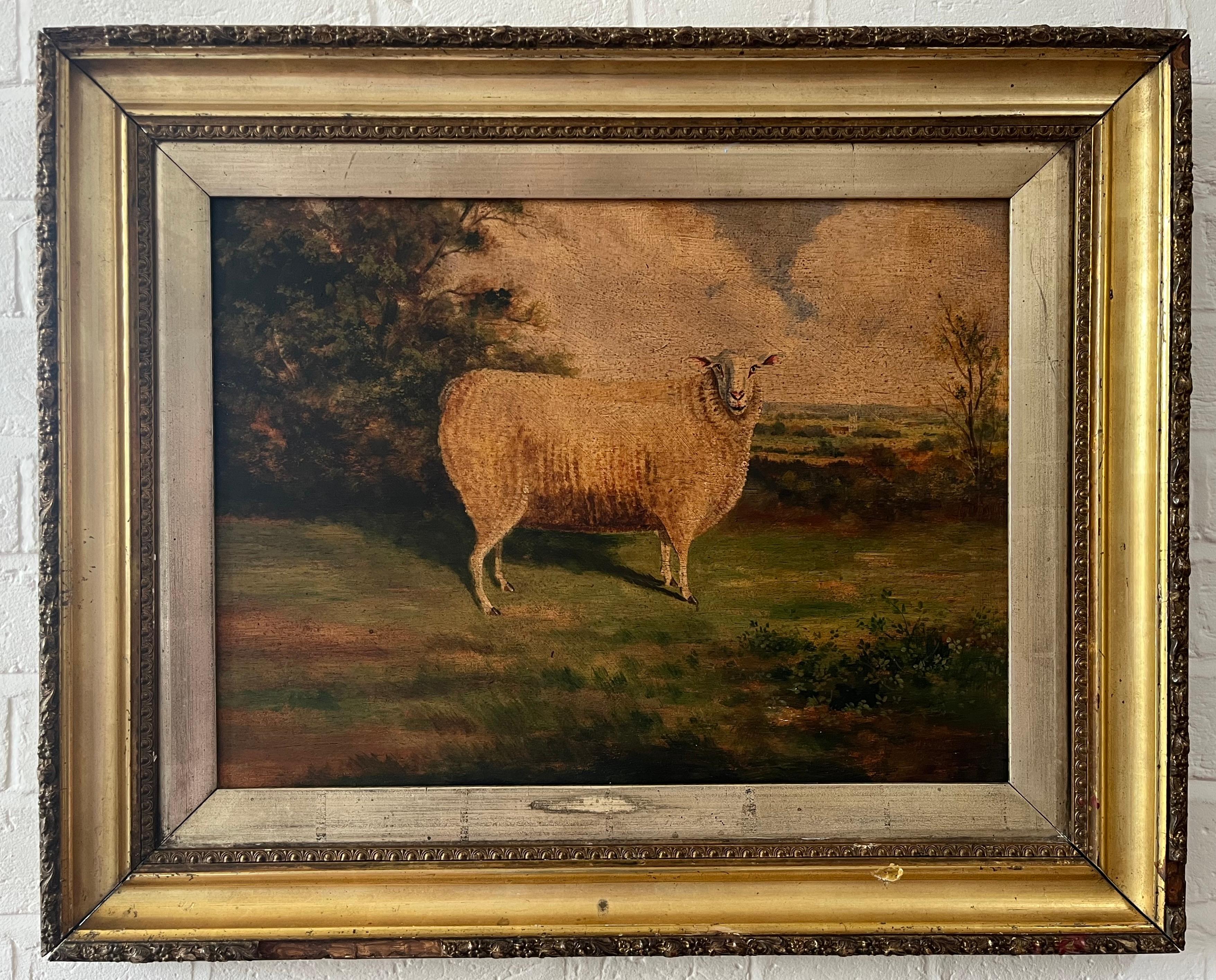 19th Century Primitive Naive Folk Art oil painting of a sheep in a landscape For Sale 7