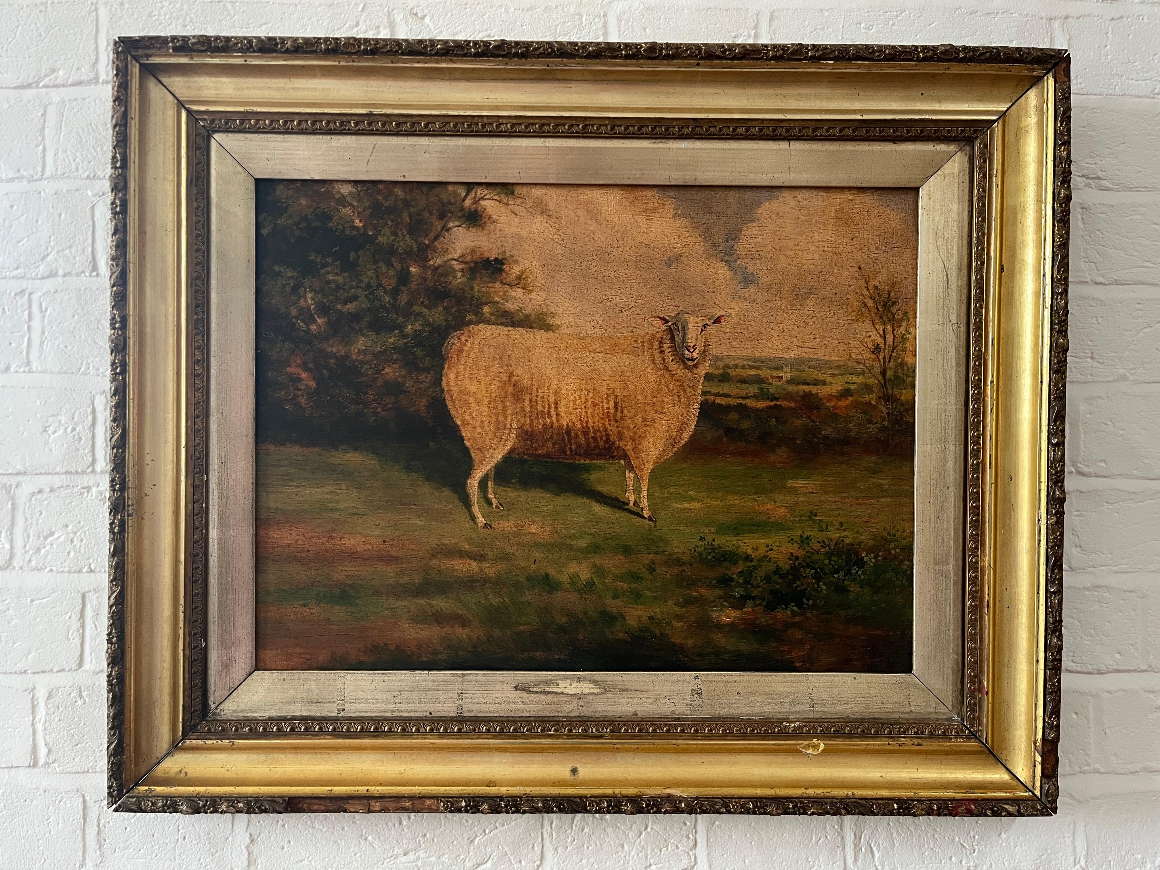 19th Century Primitive Naive Folk Art oil painting of a sheep in a landscape - Brown Landscape Painting by English  School