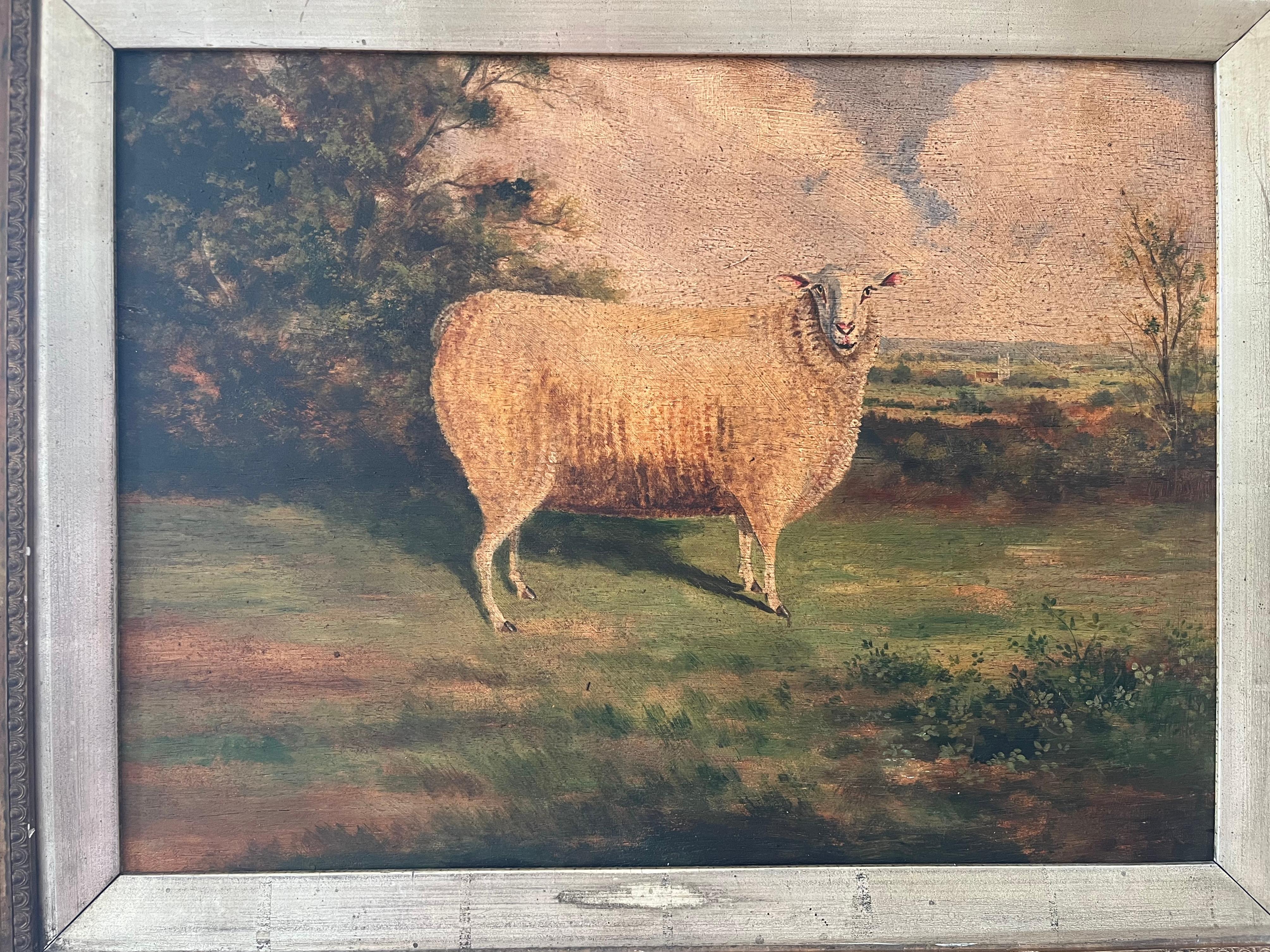 A really charming study of a ewe standing proudly in the foreground of an English rural landscape with a country church off in the distance. Painted in a naive yet very appealing style this is a lovely example of English folk art.

English Primitive