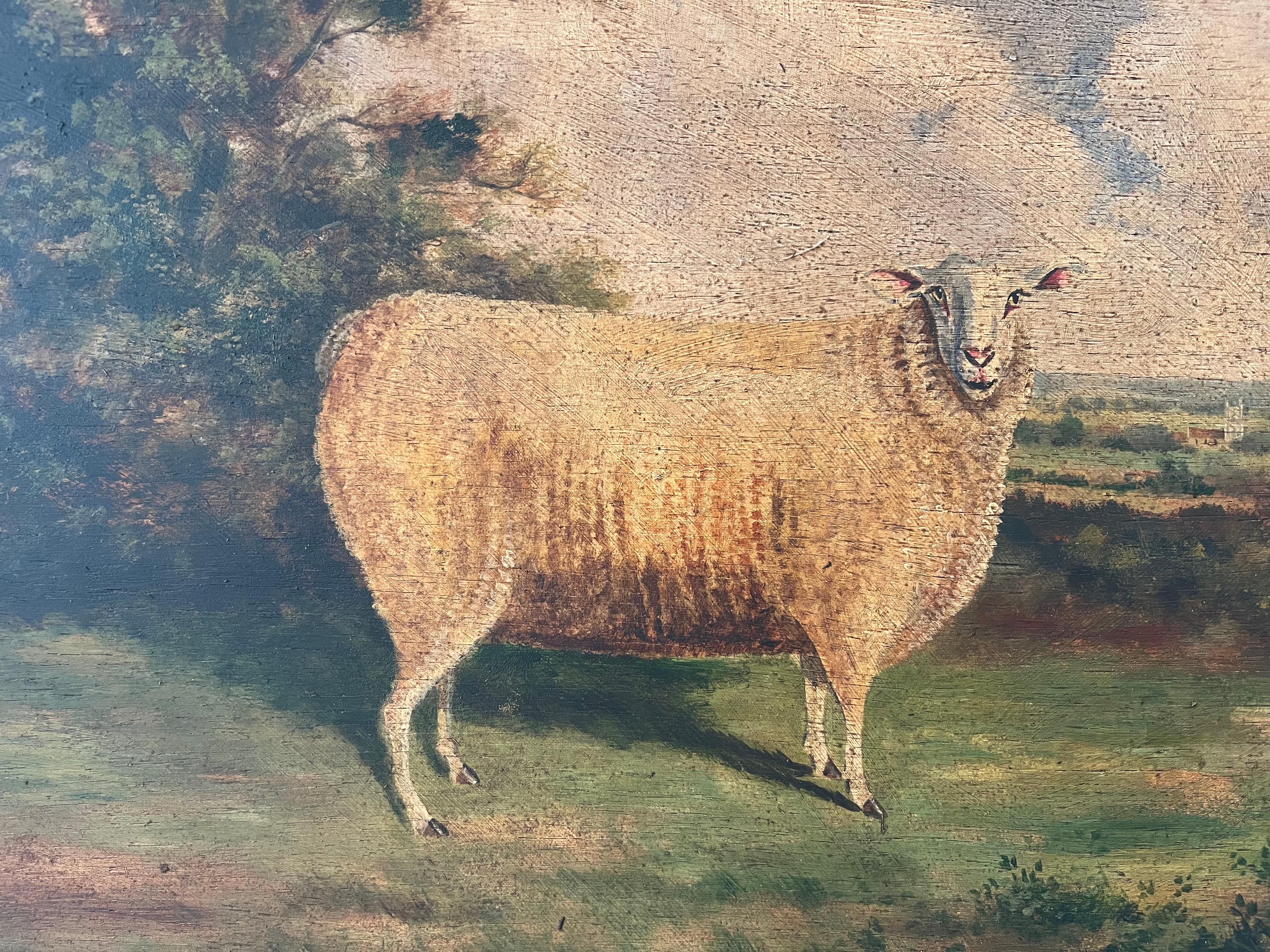 19th Century Primitive Naive Folk Art oil painting of a sheep in a landscape For Sale 1