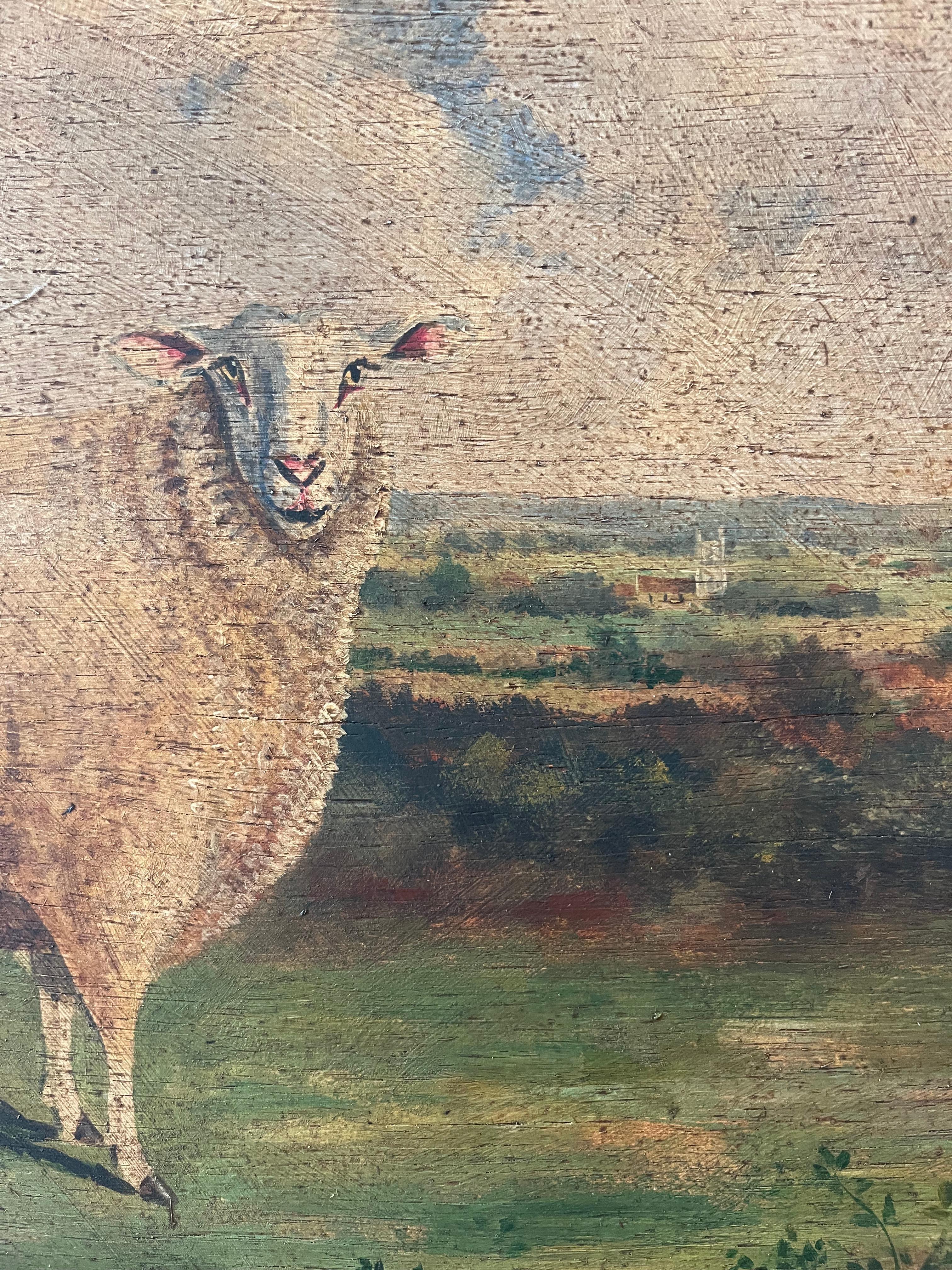 19th Century Primitive Naive Folk Art oil painting of a sheep in a landscape For Sale 3