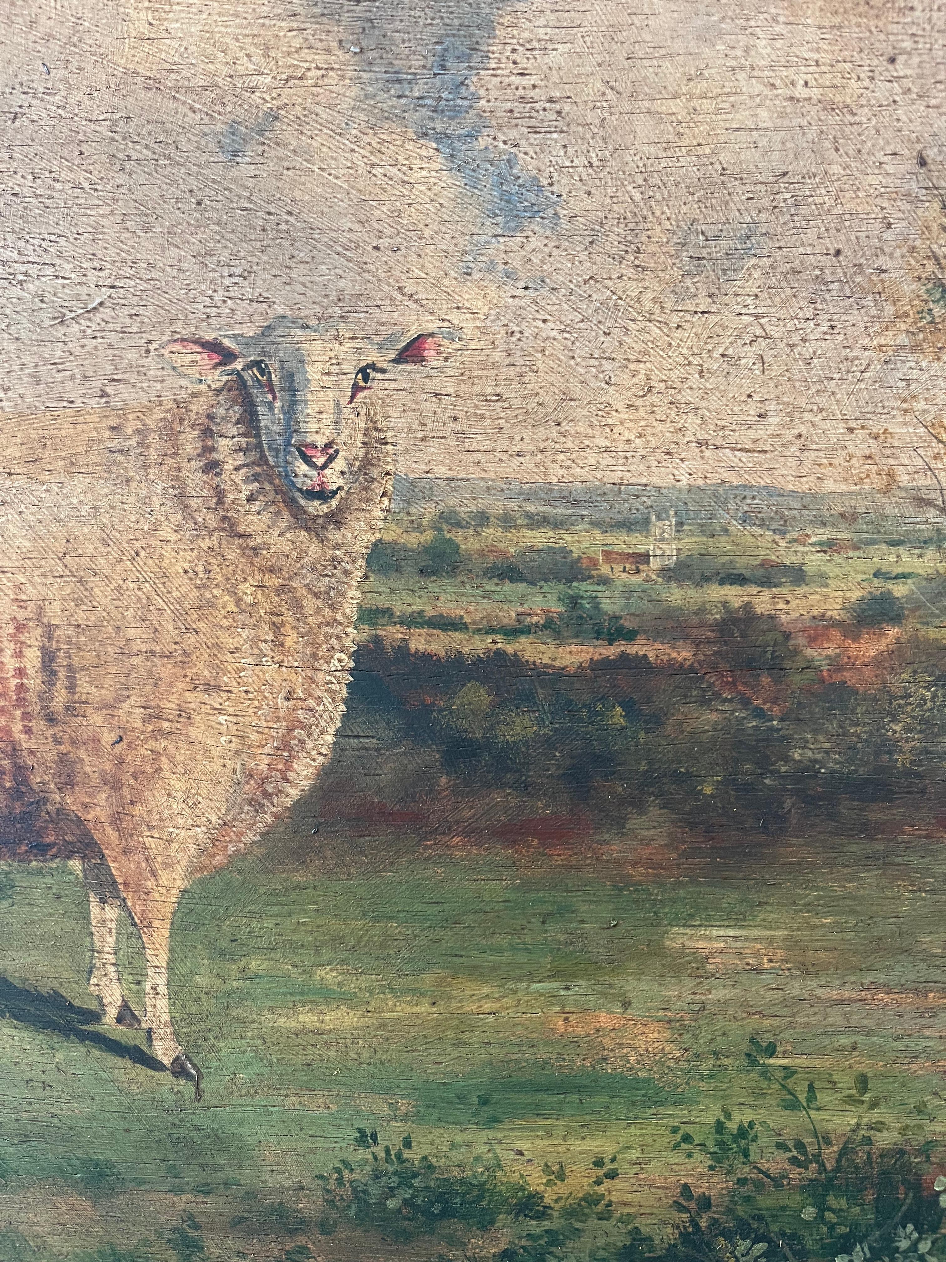 19th Century Primitive Naive Folk Art oil painting of a sheep in a landscape For Sale 4