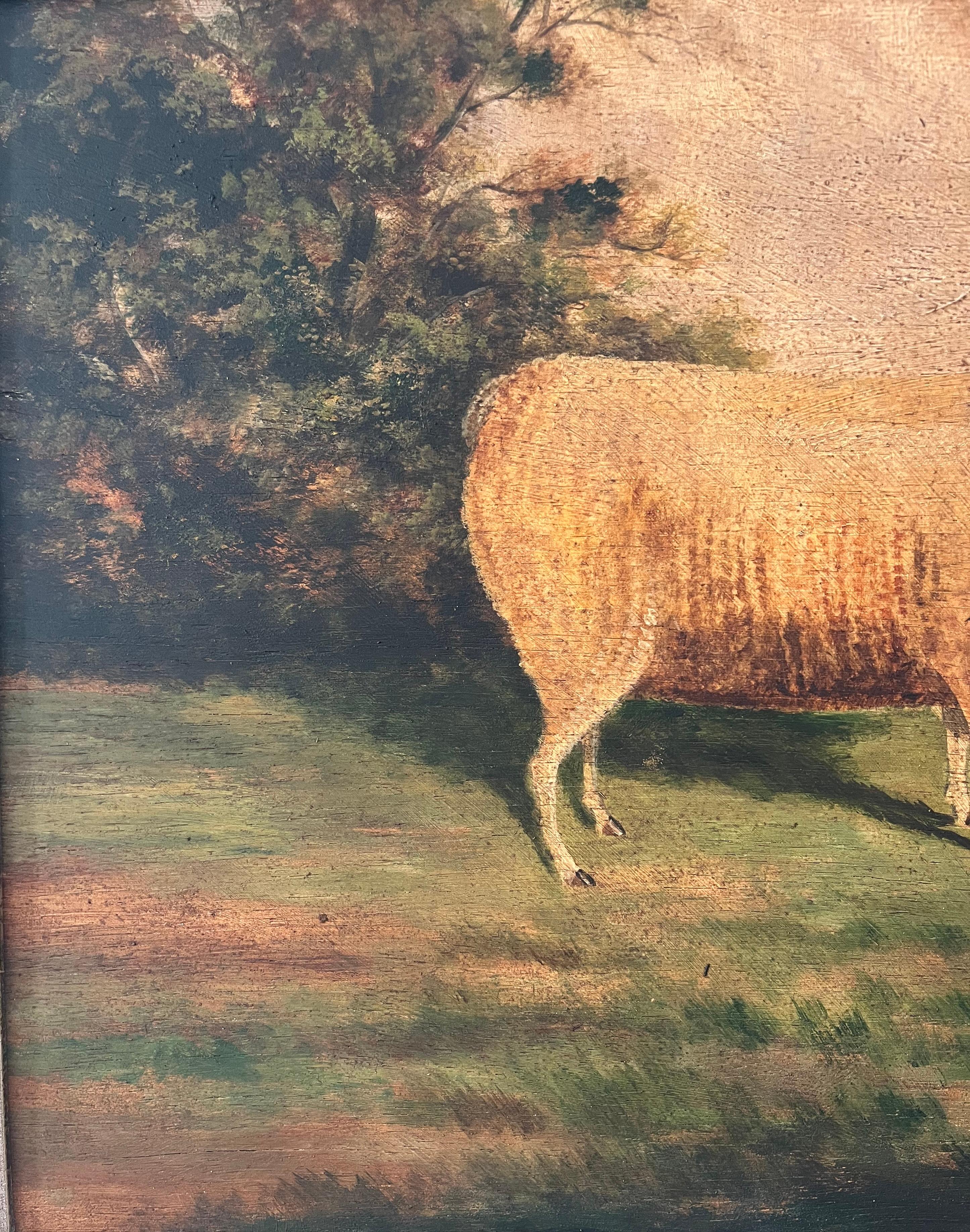 19th Century Primitive Naive Folk Art oil painting of a sheep in a landscape For Sale 5