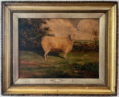 Pintura al óleo de arte popular primitivo e ingenuo del siglo XIX de una oveja en un paisaje