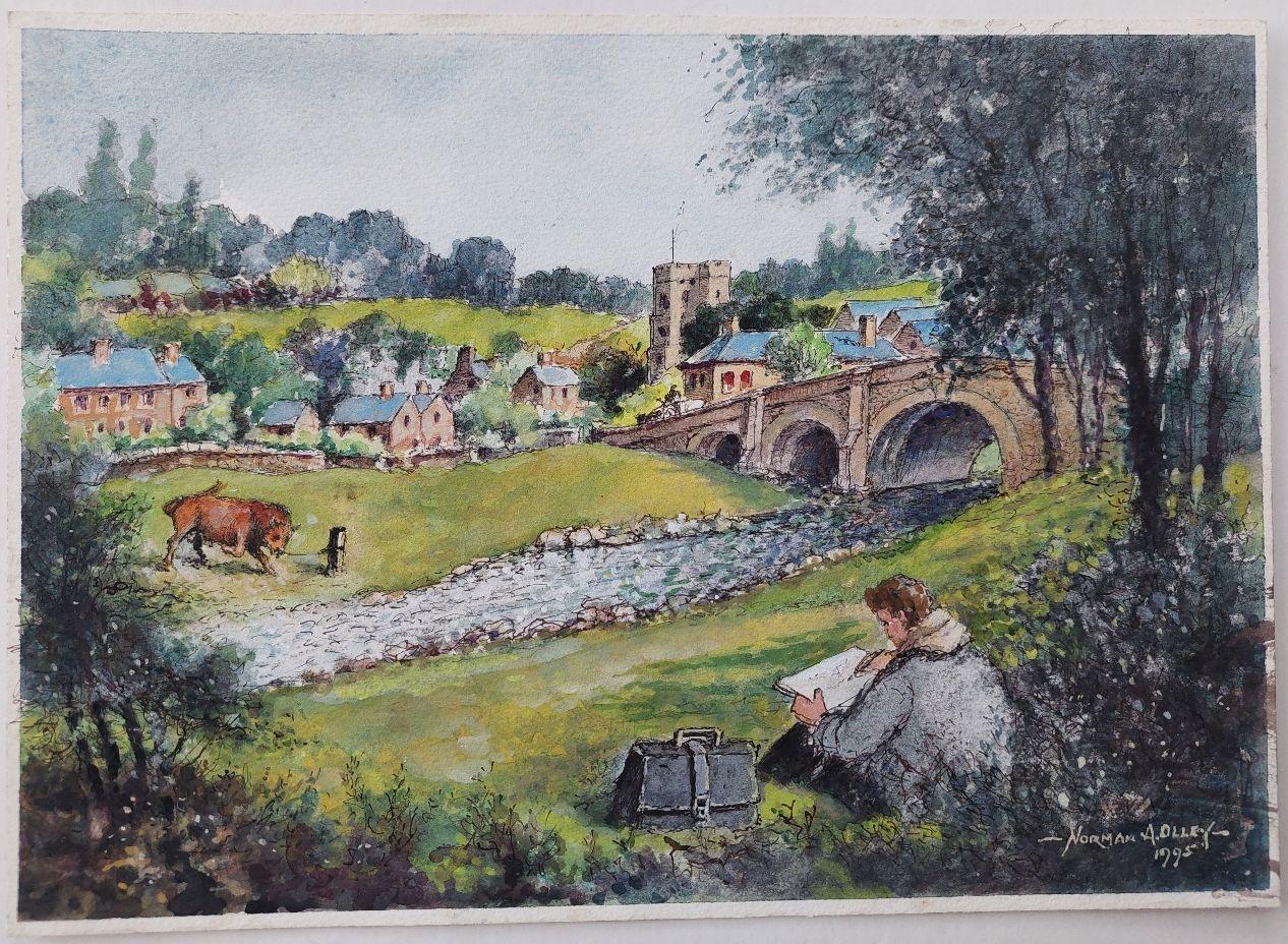 19th Century Traditional English Painting of an Artist Sketching in Yorkshire - Gray Landscape Painting by English  School