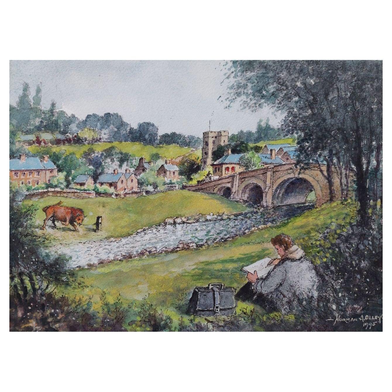 English  School Landscape Painting - 19th Century Traditional English Painting of an Artist Sketching in Yorkshire