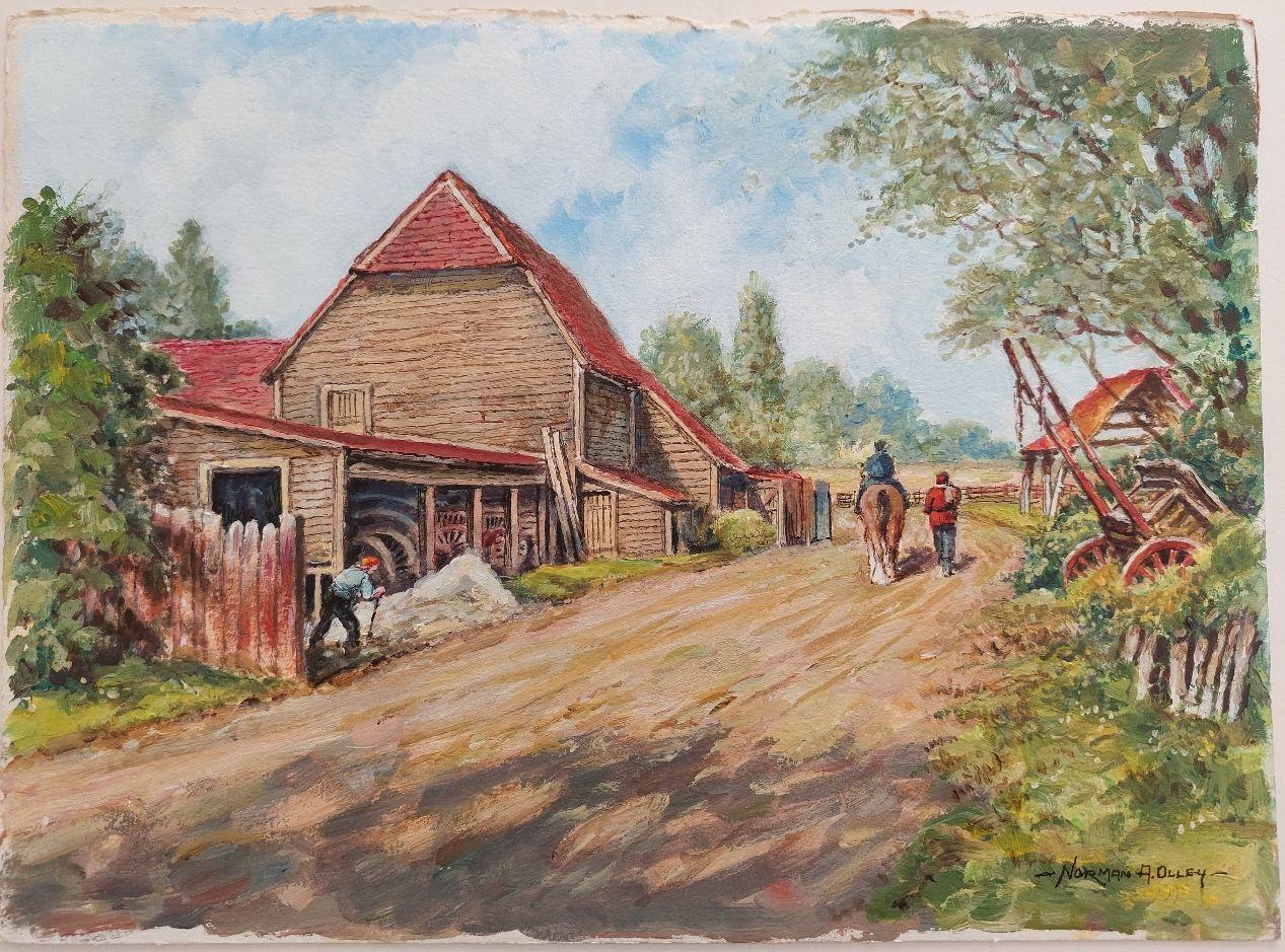 20th Century Traditional English Painting a Farm in Claygate, Surrey - Brown Landscape Painting by English  School