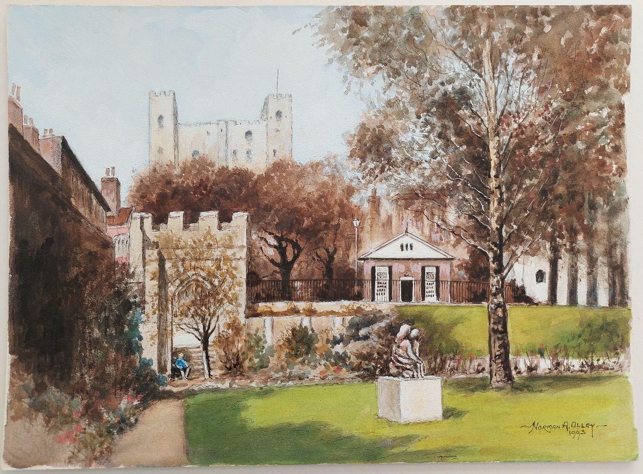 20th Century Traditional English Painting Rochester Castle View, Kent - Brown Landscape Painting by English  School