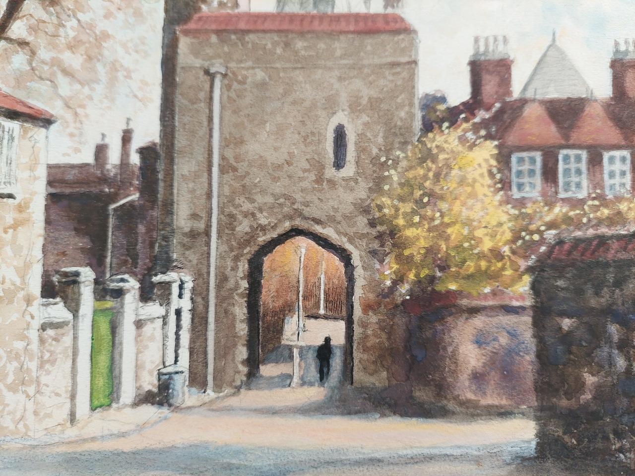 Pintura tradicional inglesa del siglo XX Puerta del Priorato de la Catedral de Rochester, Kent en venta 2