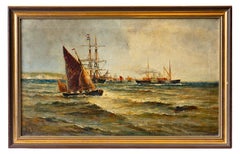 A harbour with cliffs in the distance with steam and sailing ships 19th century