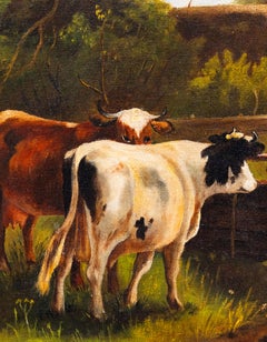 Antique English Pastoral Landscape Oil Painting with Cows by H. R. Warburton