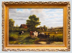 Antique English Pastoral Landscape Oil Painting with Cows by H. R. Warburton