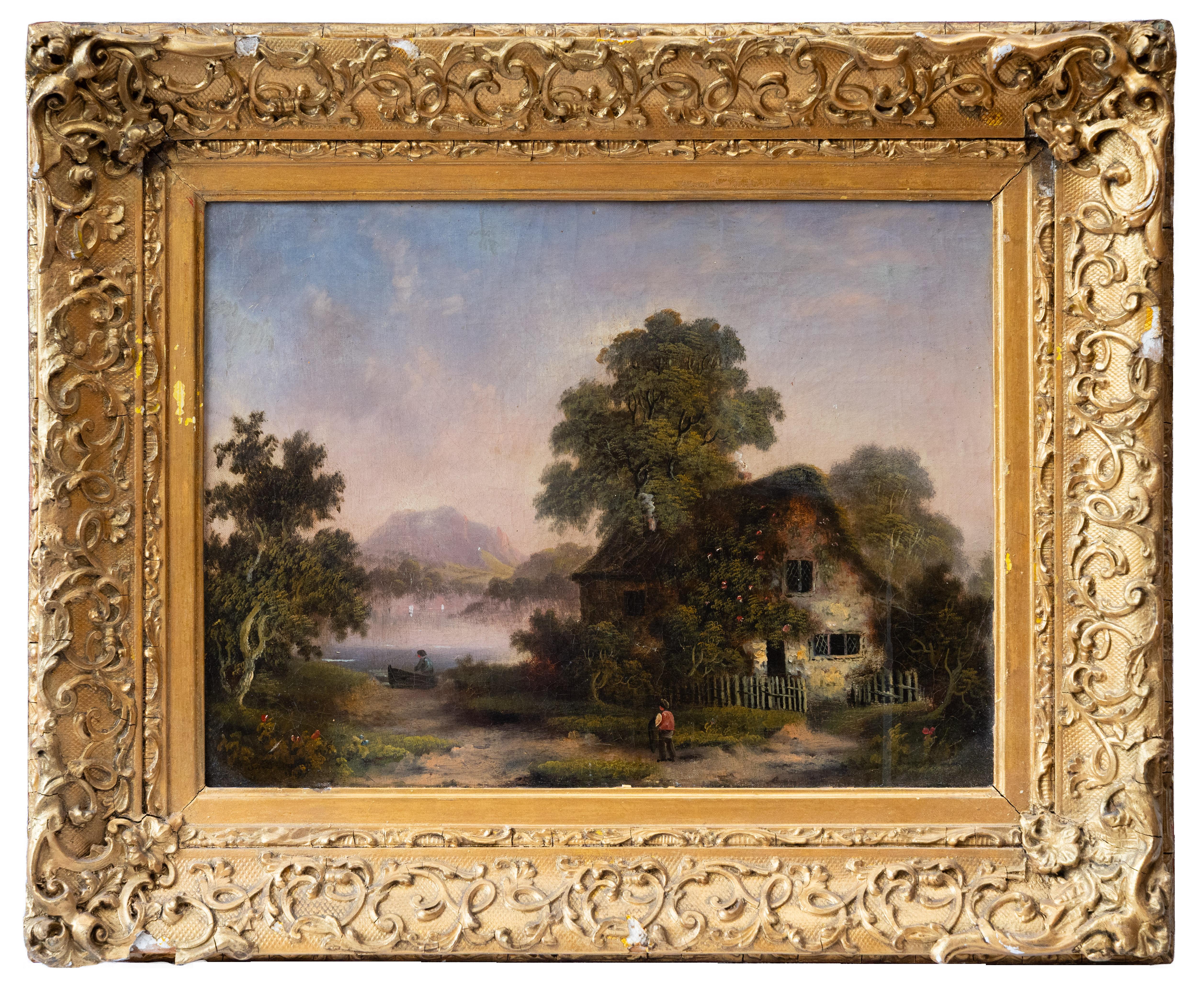 English  School Landscape Painting - Cottage by a lake, English School, 19th century