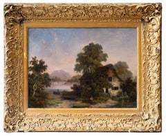 Cottage by a lake, English School, 19th century