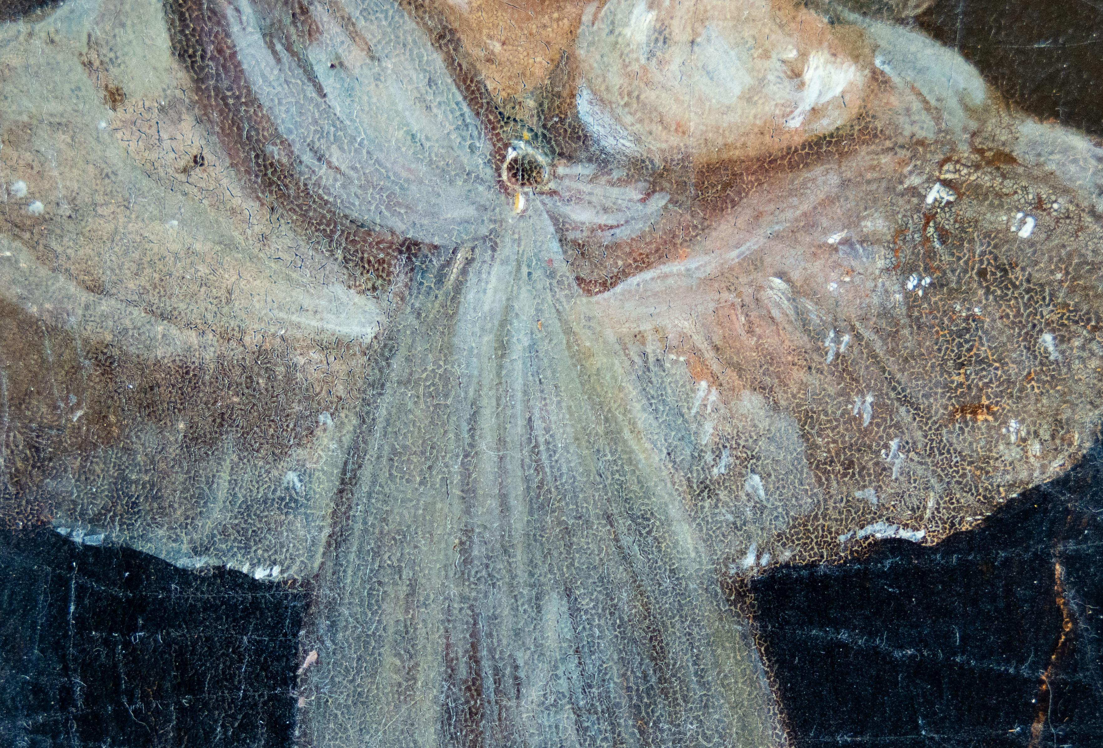 Dieses Porträt aus der Mitte des 19. Jahrhunderts zeigt eine sitzende Dame, die in der für die viktorianische Porträtmalerei charakteristischen nüchternen Eleganz dargestellt ist. Sie trägt ein schwarzes, schlicht geschnittenes Kleid mit langen