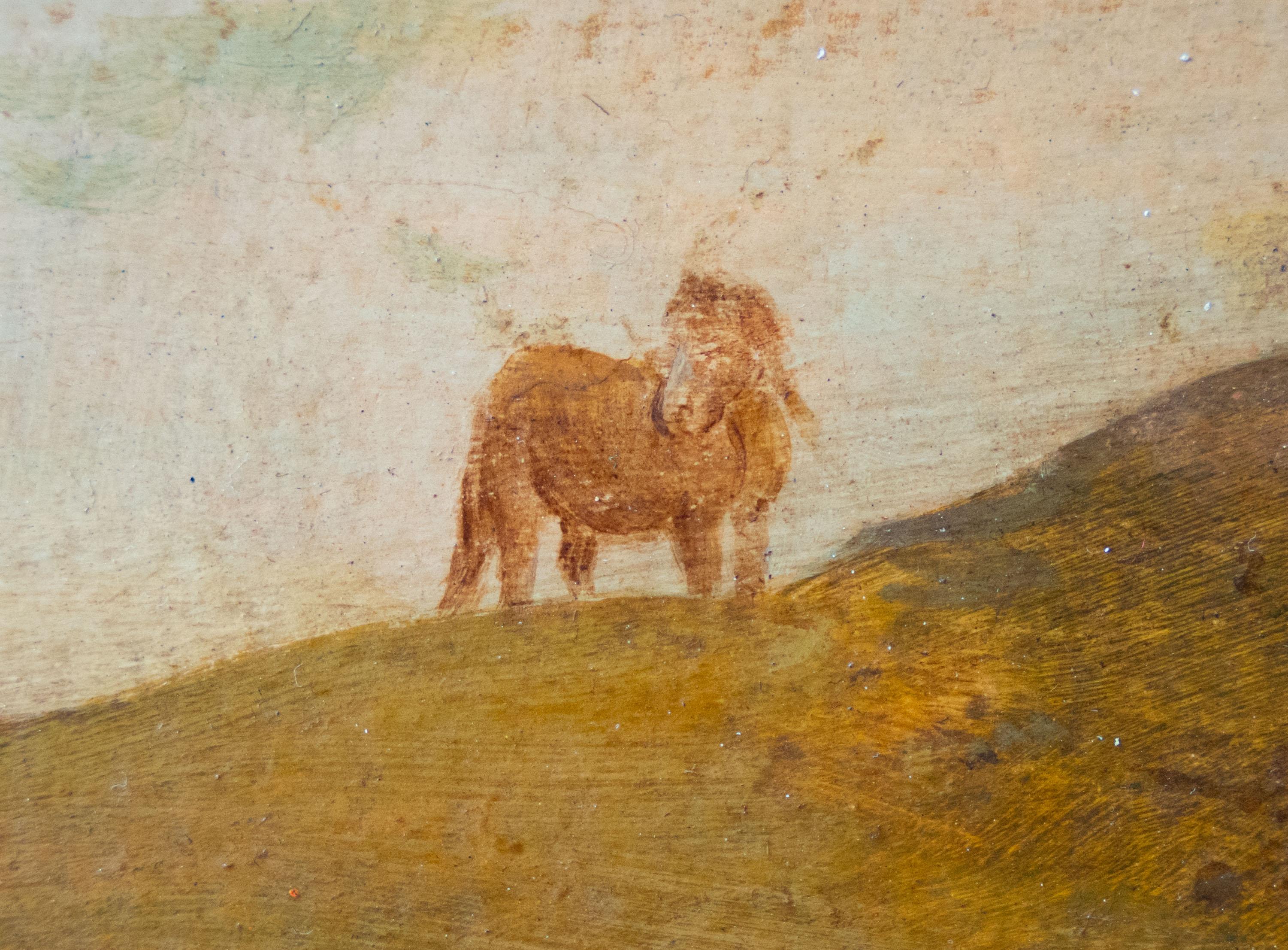 Eine kleine, intime Genreszene aus dem 19. Jahrhundert: eine Landstraße, auf der ein Junge rittlings auf einem kompakten, zotteligen Pony sitzt, während das Pony ein zweites Tier an einem kurzen Seil zieht. Die Komposition wirkt offen und