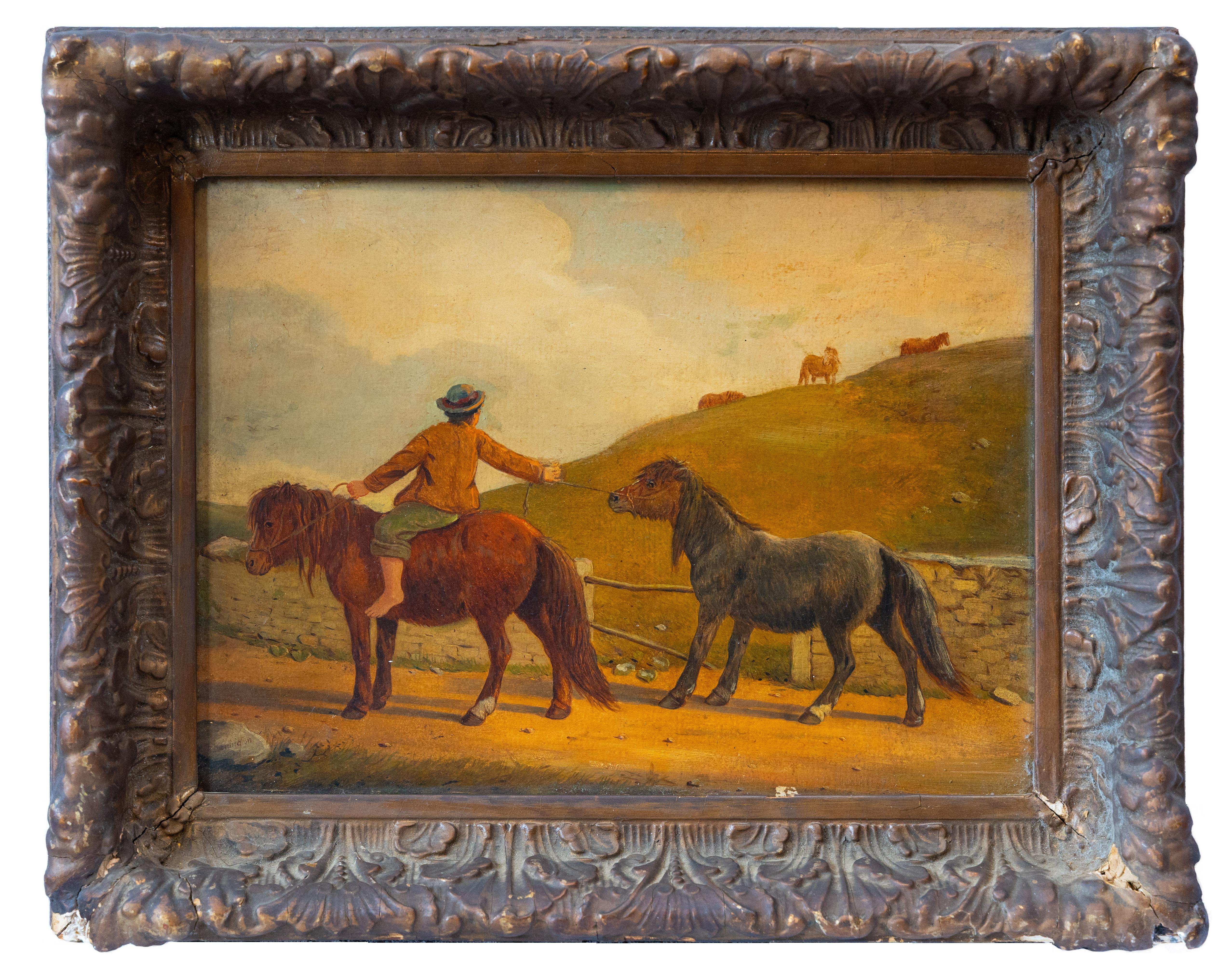 English  School Animal Painting – Ziehen des Ponys