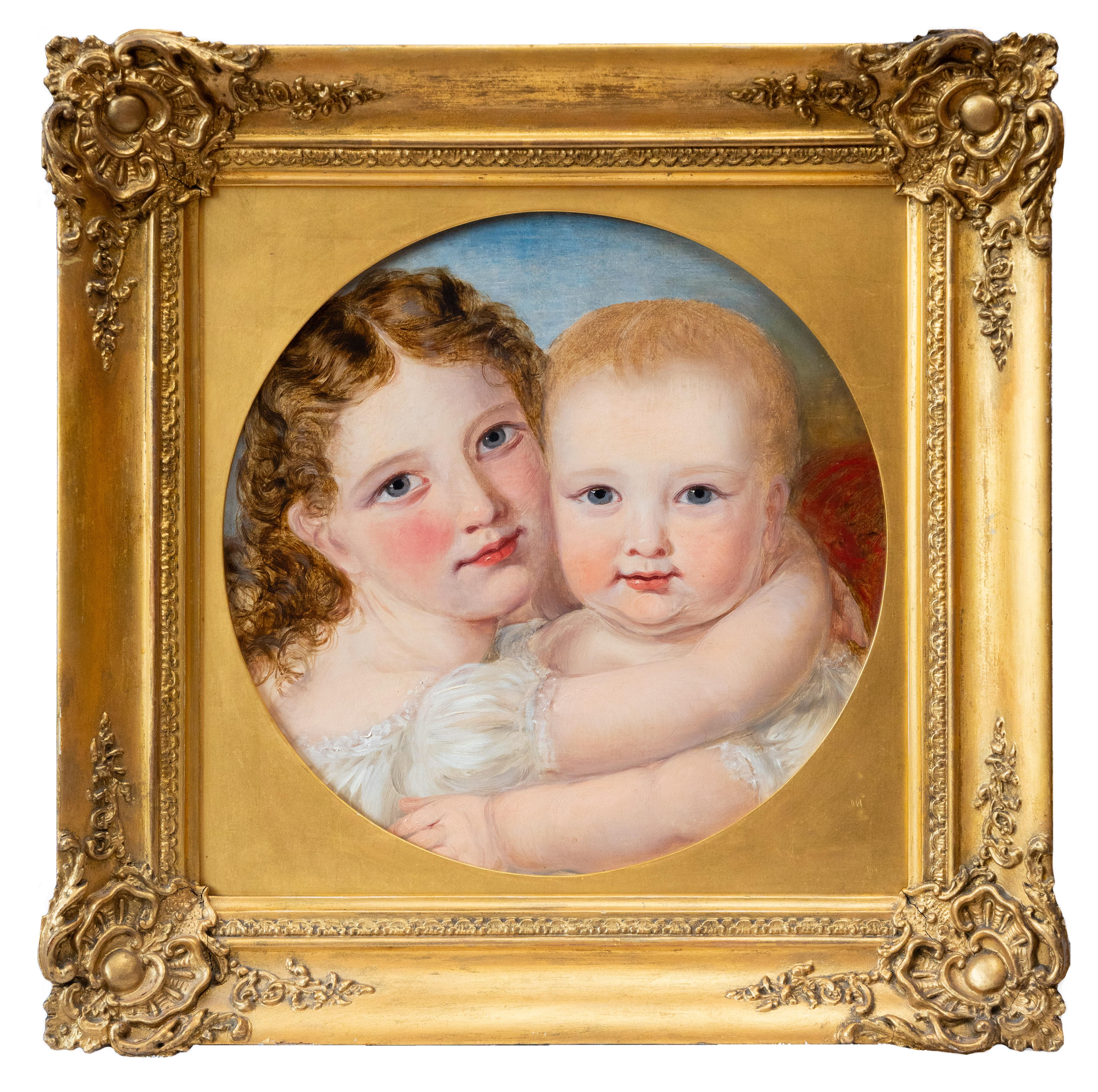 English  School Figurative Painting – Geschwister, die sich umarmen