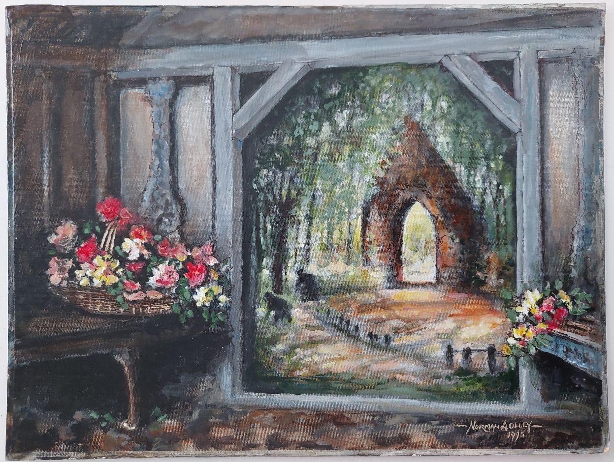 Traditional English Painting A Monastery Garden, England, View from Interior - Gray Landscape Painting by English  School