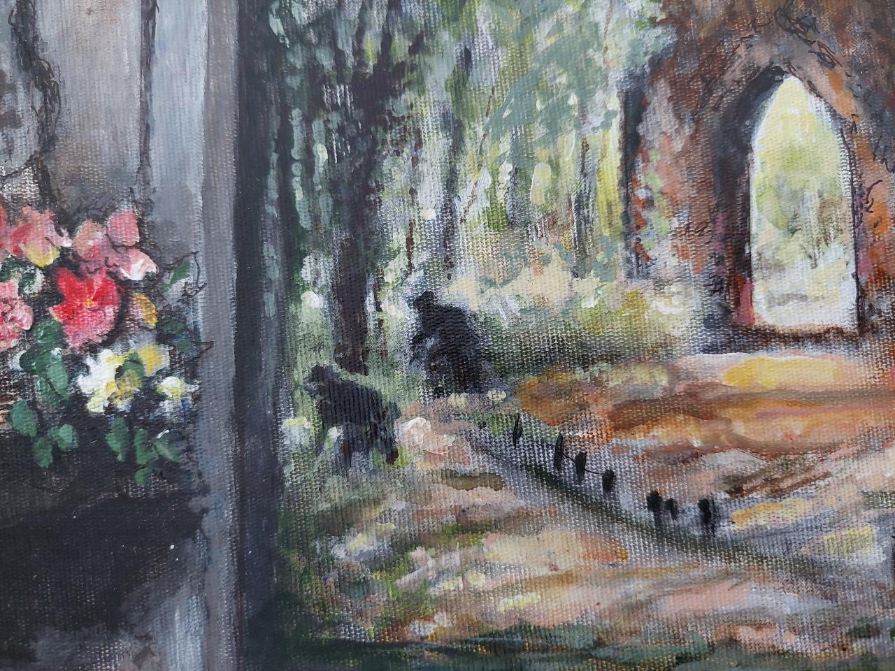 Traditional English Painting A Monastery Garden, England, View from Interior For Sale 2