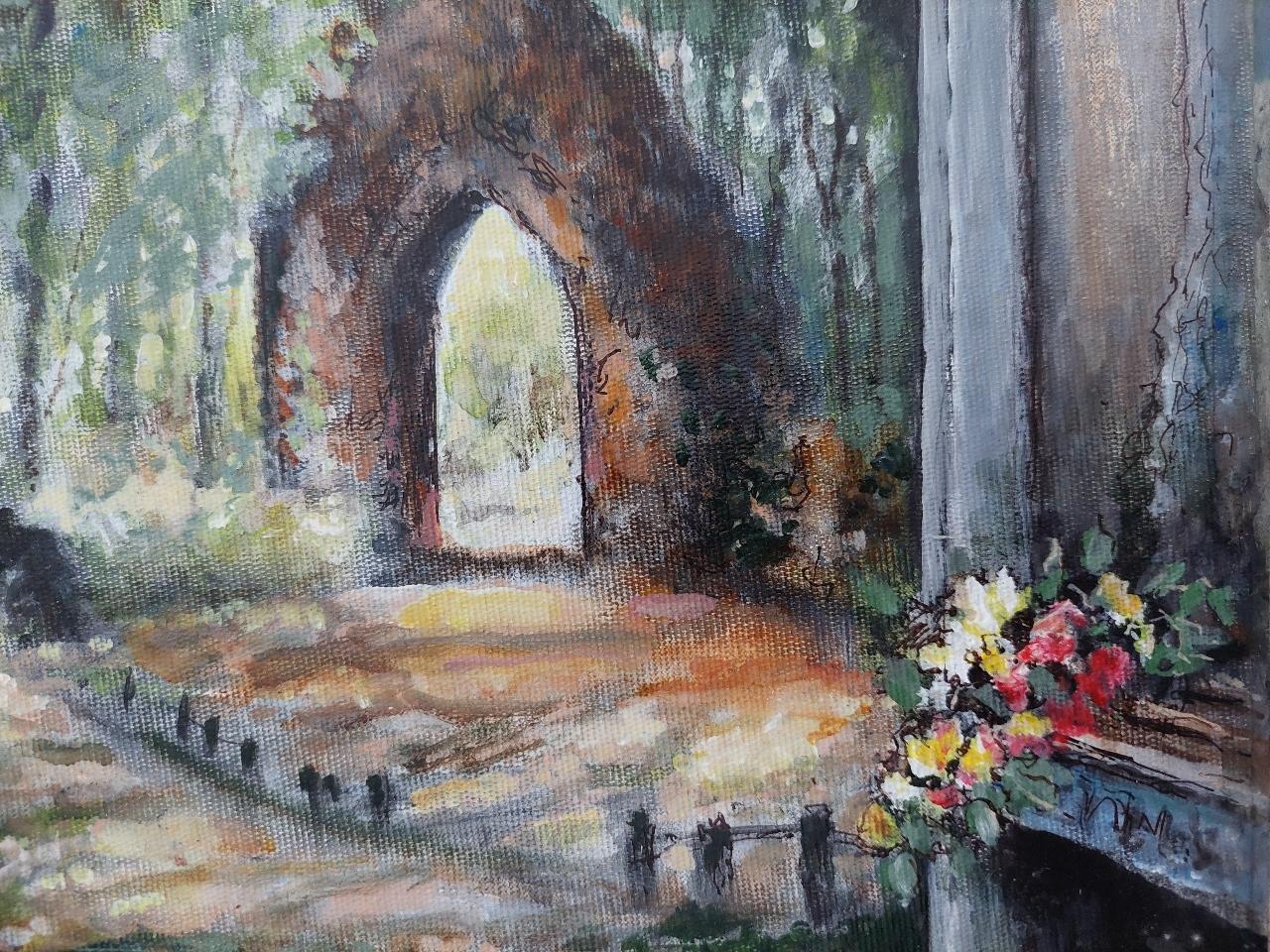 Traditional English Painting A Monastery Garden, England, View from Interior For Sale 4