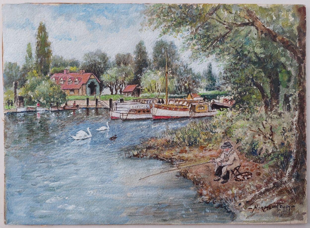 Traditional English Painting Angler Fishing at Teddington, London England - Gray Landscape Painting by English  School