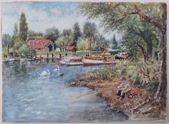 Pittura tradizionale inglese Pescatore a Teddington, Londra, Inghilterra