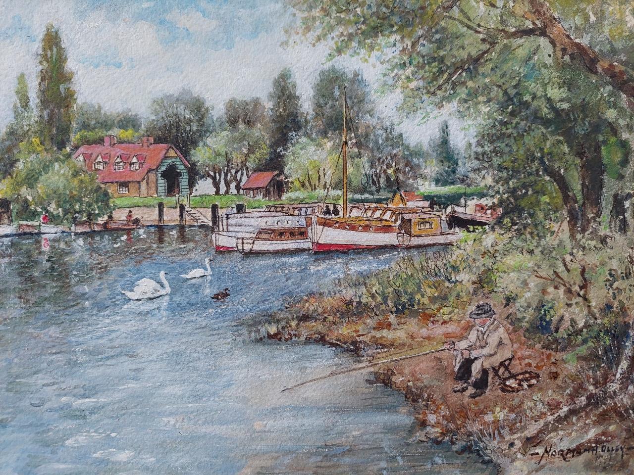 Traditional English Painting Angler Fishing at Teddington, London England For Sale 1