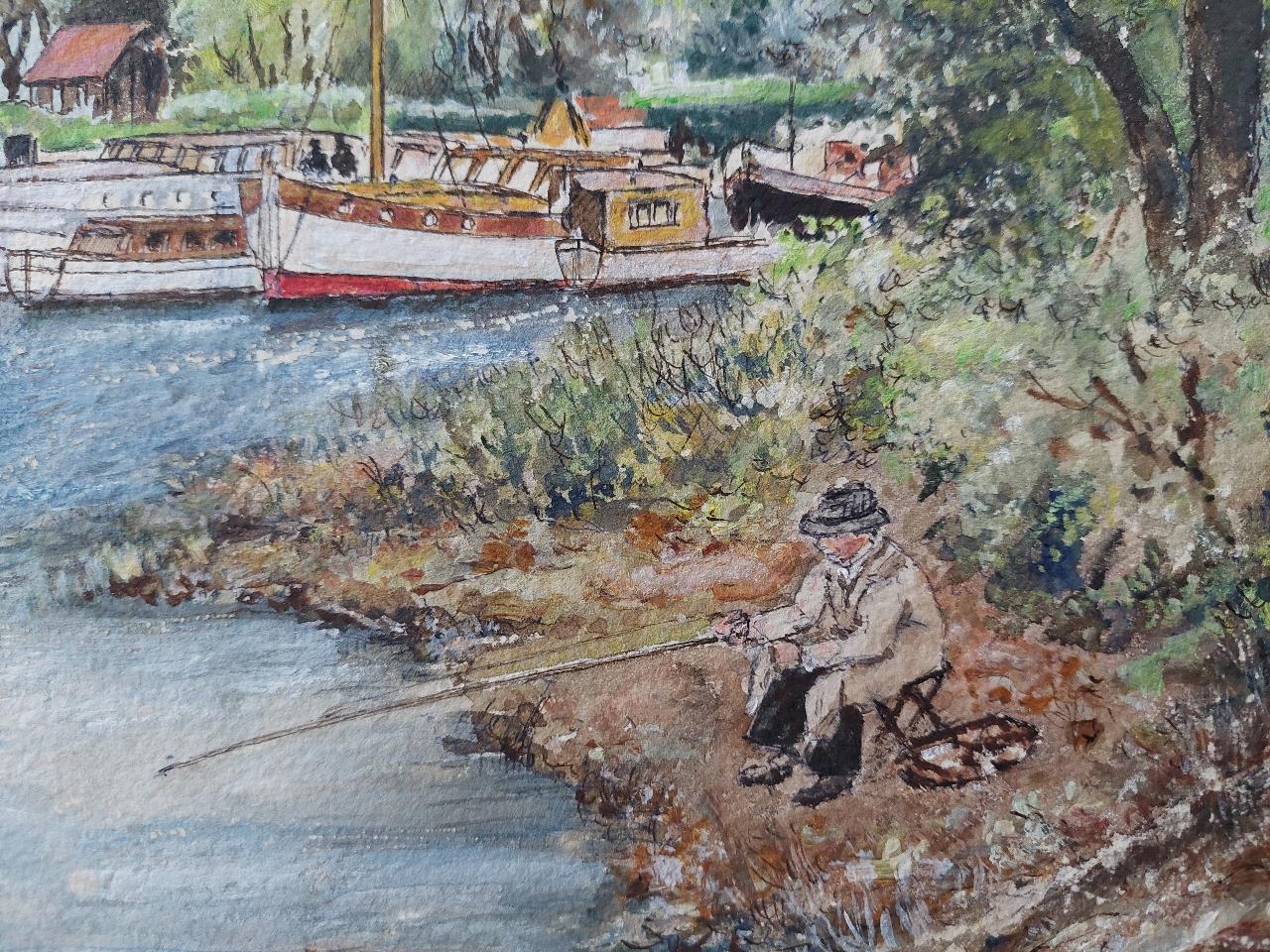 Traditional English Painting Angler Fishing at Teddington, London England For Sale 3