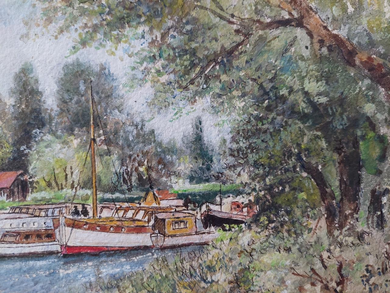 Traditional English Painting Angler Fishing at Teddington, London England For Sale 4